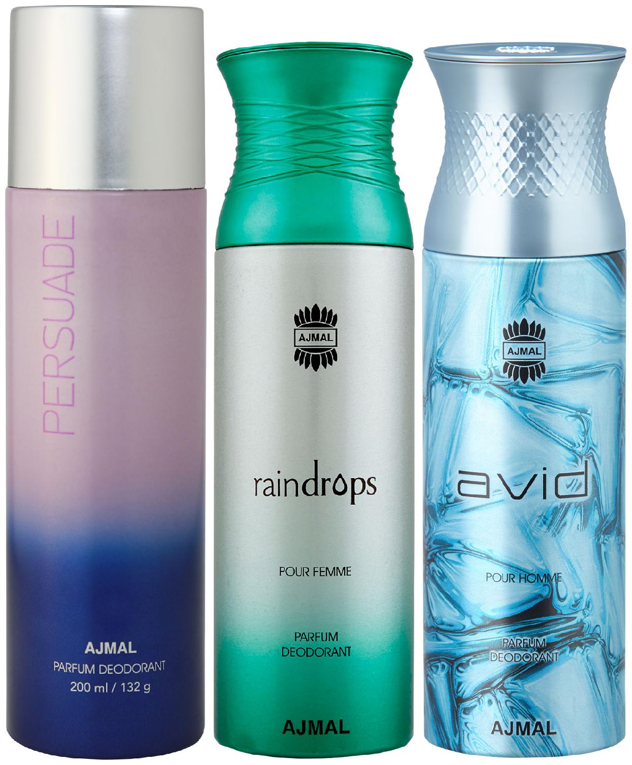 

Ajmal 1 Persuade for Men Women 1 Raindrops Femme for Women and 1 Avid for Men High Quality Deodorants each 200 ml (Pack Of 3)