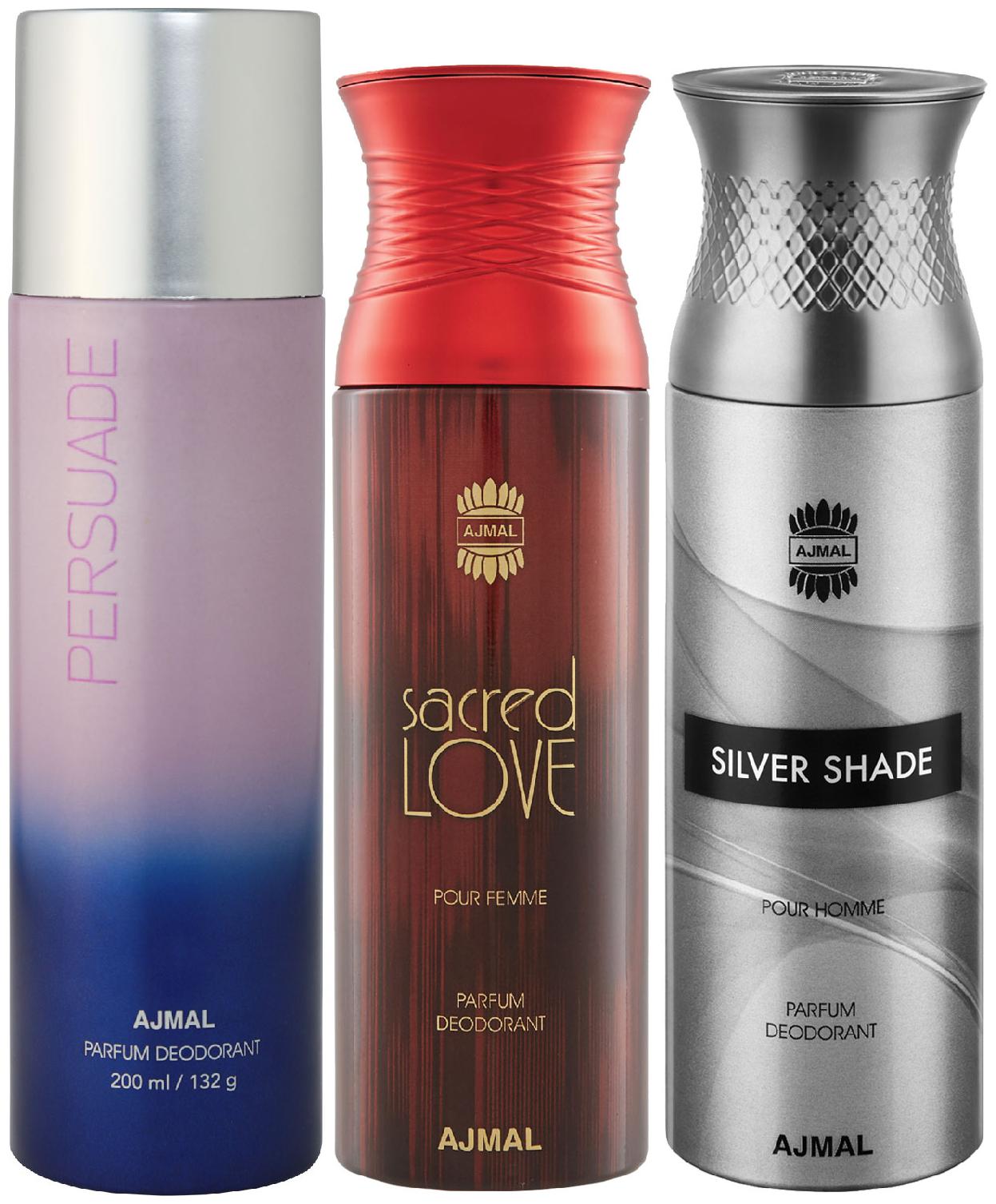 

Ajmal 1 Persuade for Men Women 1 Sacred Love for Women and 1 Silver Shade for Men High Quality Deodorants each 200 ml (Pack Of 3)