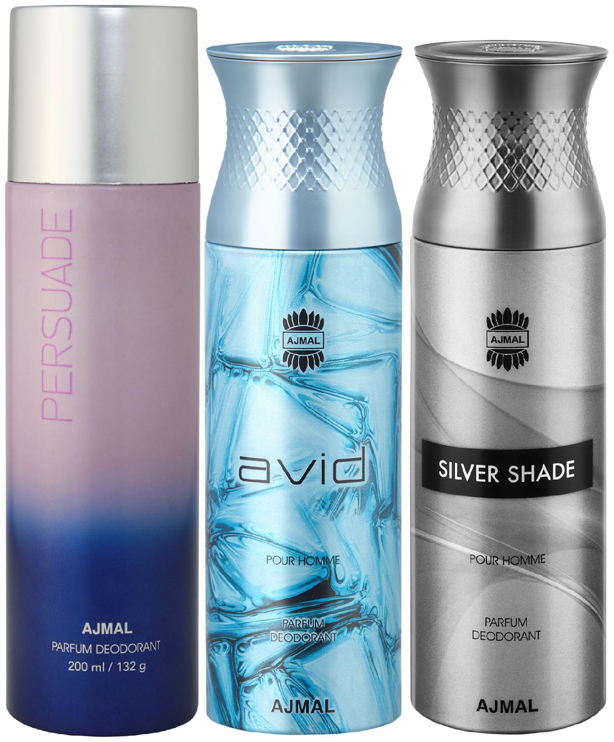 

Ajmal 1 Persuade for Men Women 1 Ajmal Avid for Men and 1 Silver Shade for Men High Quality Deodorants each 200 ml (Pack Of 3)