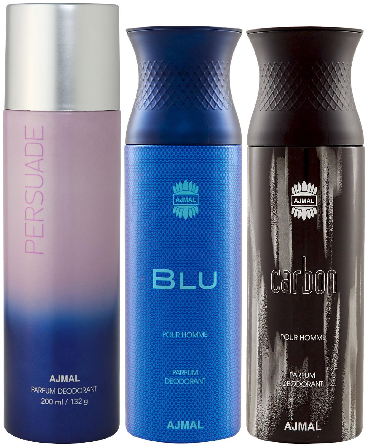 

Ajmal 1 Persuade for Men Women 1 Blu Homme for Men and 1 Carbon for Men High Quality Deodorants each 200 ml (Pack Of 3)