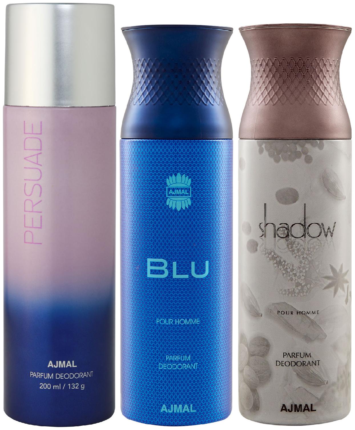 

Ajmal 1 Persuade for Men Women 1 Blu Homme for Men and 1 Shadow Him for Men High Quality Deodorants each 200 ml (Pack Of 3)