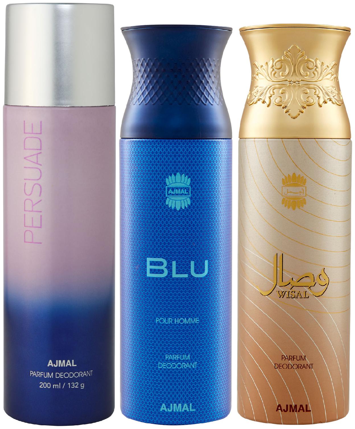 

Ajmal 1 Persuade for Men Women 1 Blu Homme for Men and 1 Wisal for Women High Quality Deodorants each 200 ml (Pack Of 3)