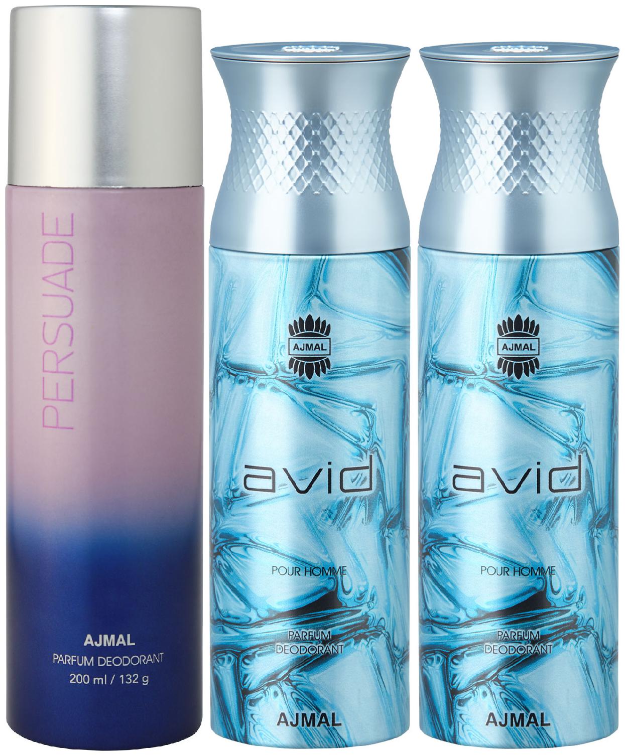 

Ajmal 1 Persuade for Men Women and 2 Avid for Men High Quality Deodorants 200 ml Each ( Pack of 3 )