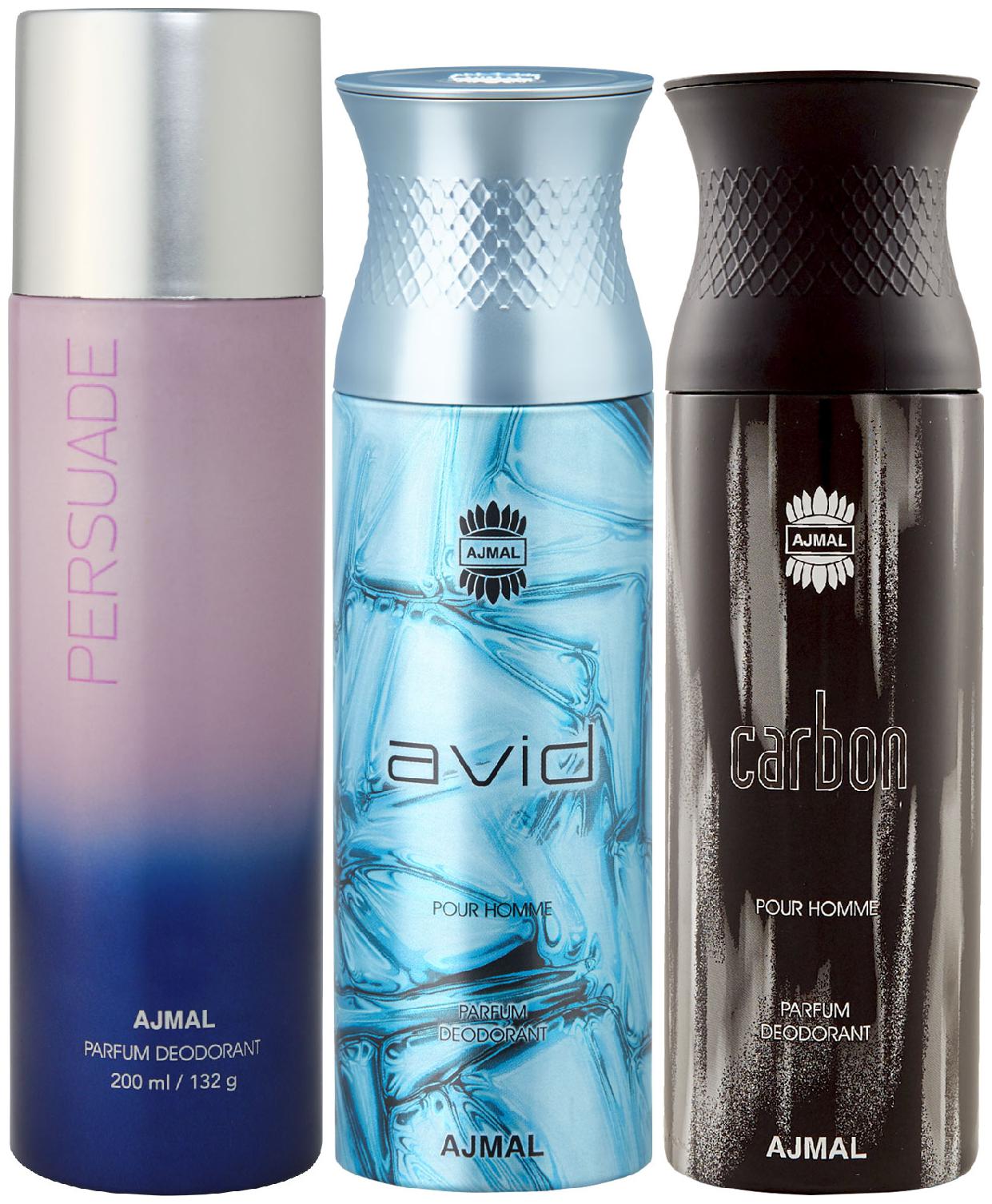 

Ajmal 1 Persuade for Men Women 1 Ajmal Avid for Men and 1 Carbon for Men High Quality Deodorants each 200 ml (Pack Of 3)