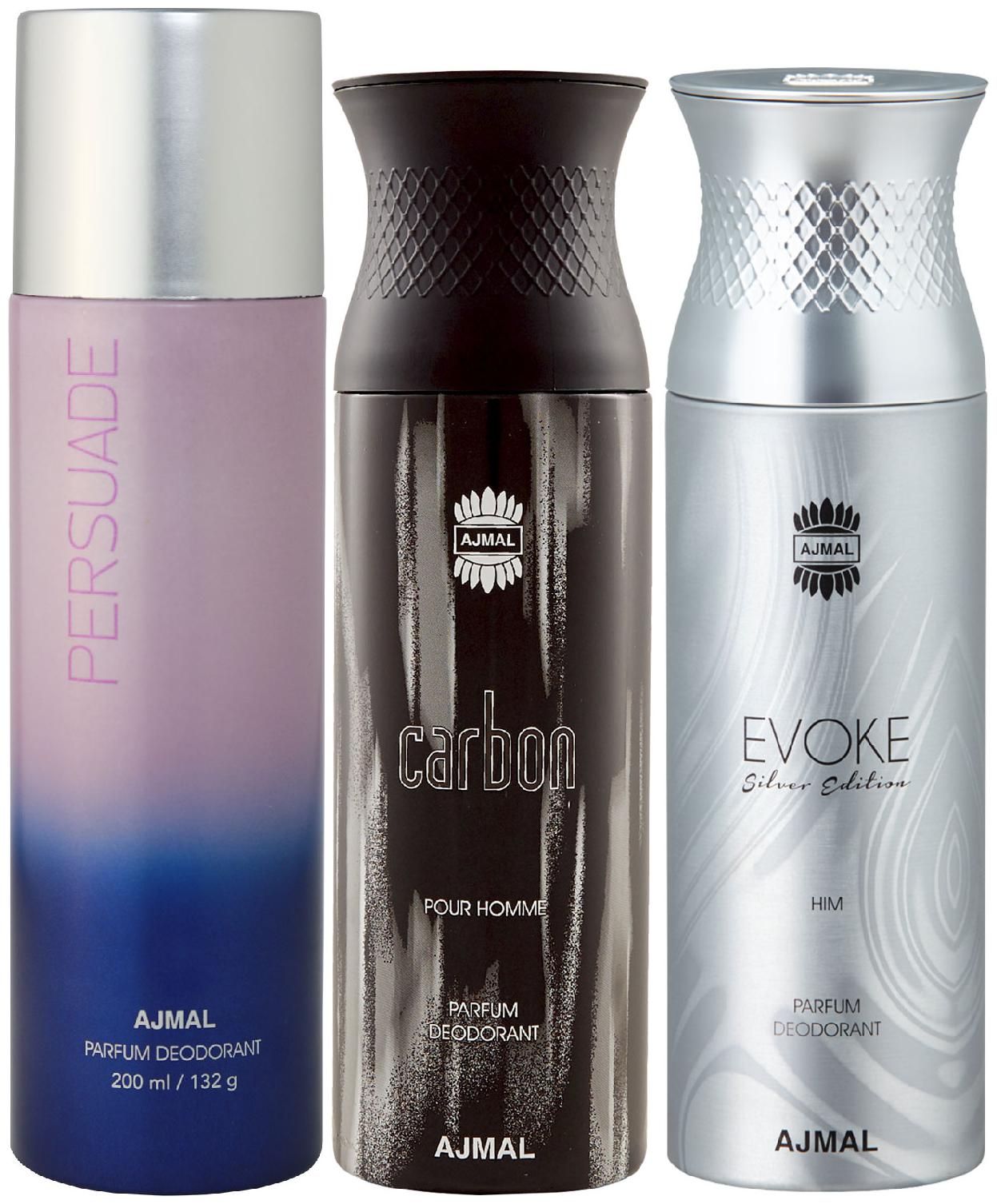 

Ajmal 1 Persuade for Men Women 1 Ajmal Carbon for Men and 1 Evoke Silver Edition for Him for Men High Quality Deodorants each 200 ml (Pack Of 3)