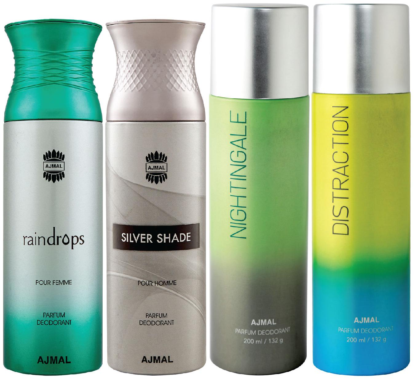 

Ajmal 1 Raindrops Femme for Women 1 Silver Shade Homme for Men 1 Nightingale and 1 Distraction for Men Women High Quality Deodorants each 200ml Combo Pack of 4