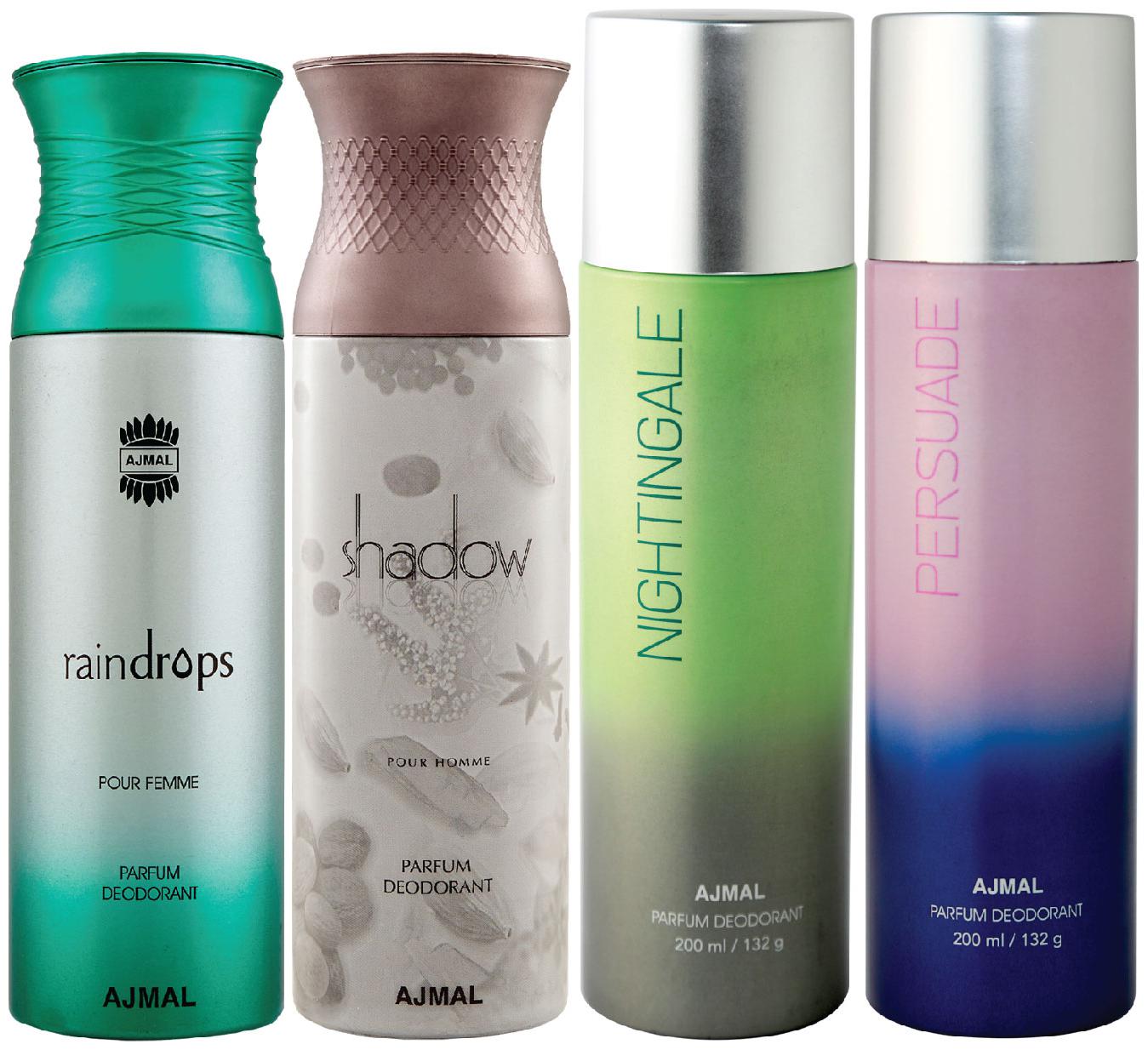 

Ajmal 1 Raindrops Femme for Women 1 Shadow Homme for Men 1 Nightingale and 1 Persuade for Men Women High Quality Deodorants each 200ml Combo Pack of 4
