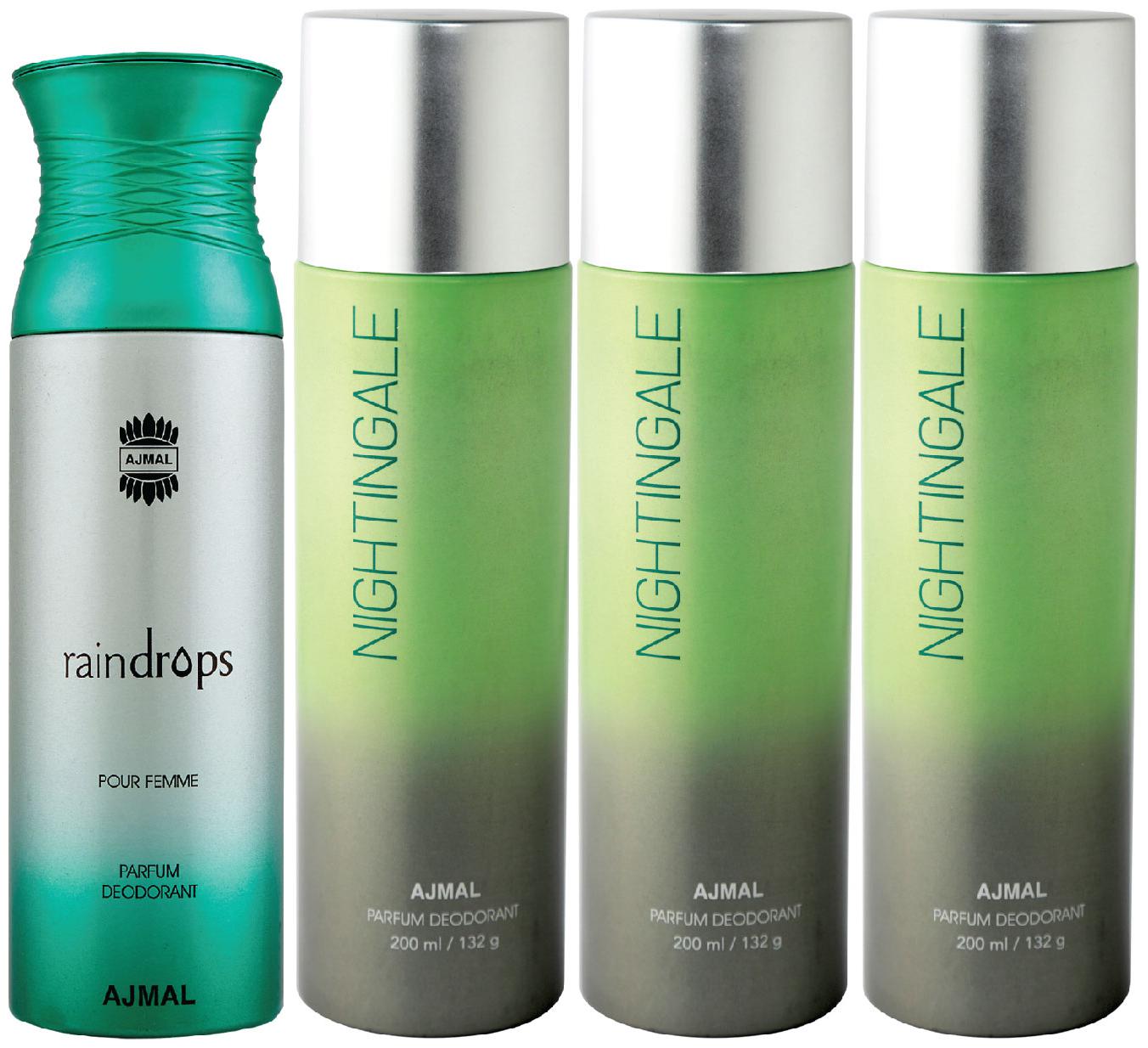 

Ajmal 1 Raindrops Femme for Women and 3 Nightingale for Men Women High Quality Deodorants each 200ml Combo ( Pack of 4 )