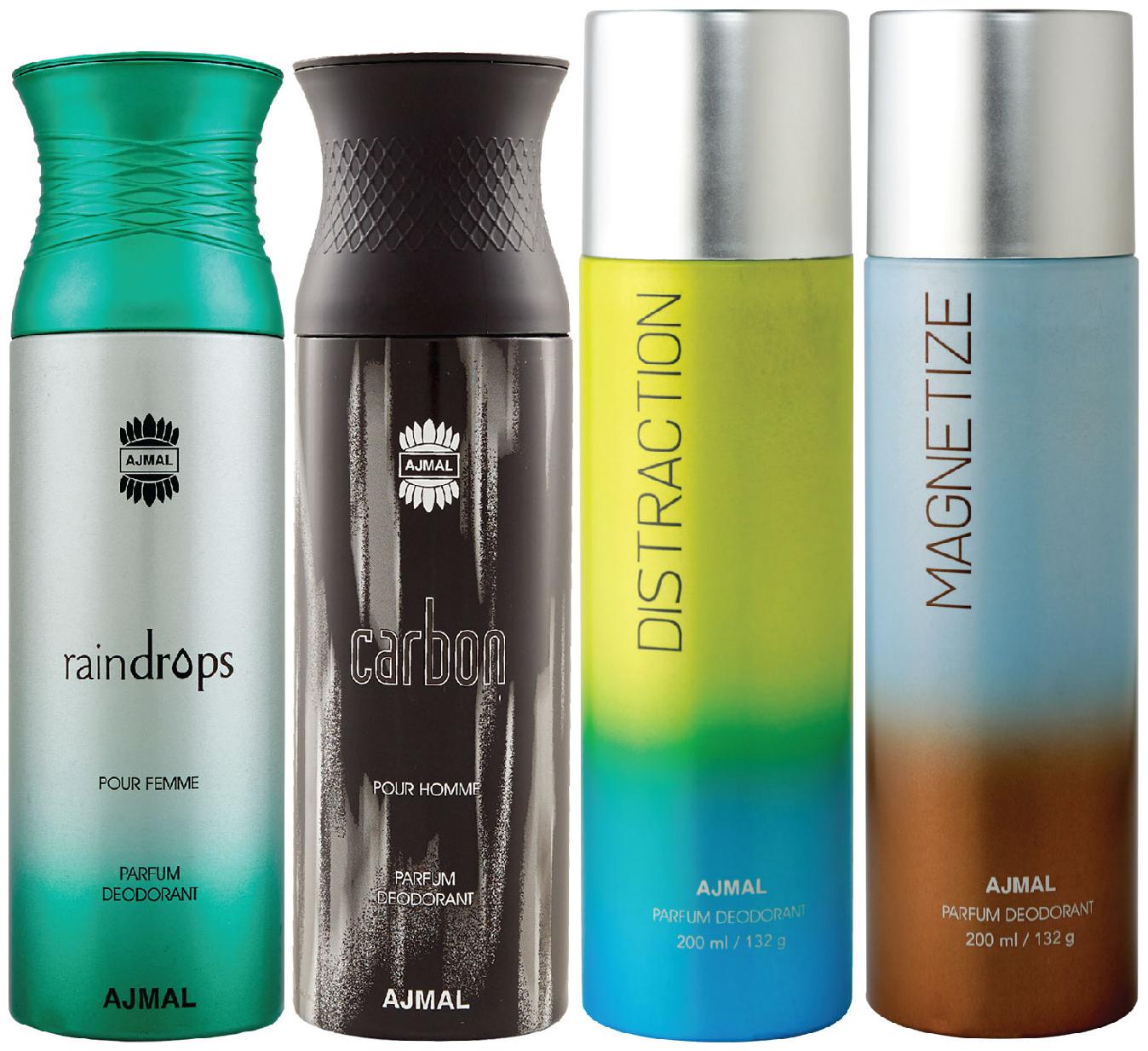 

Ajmal 1 Raindrops Femme for Women 1 Carbon Homme for Men 1 Distraction and 1 Magnetize for Men Women High Quality Deodorants each 200ml Combo Pack of 4