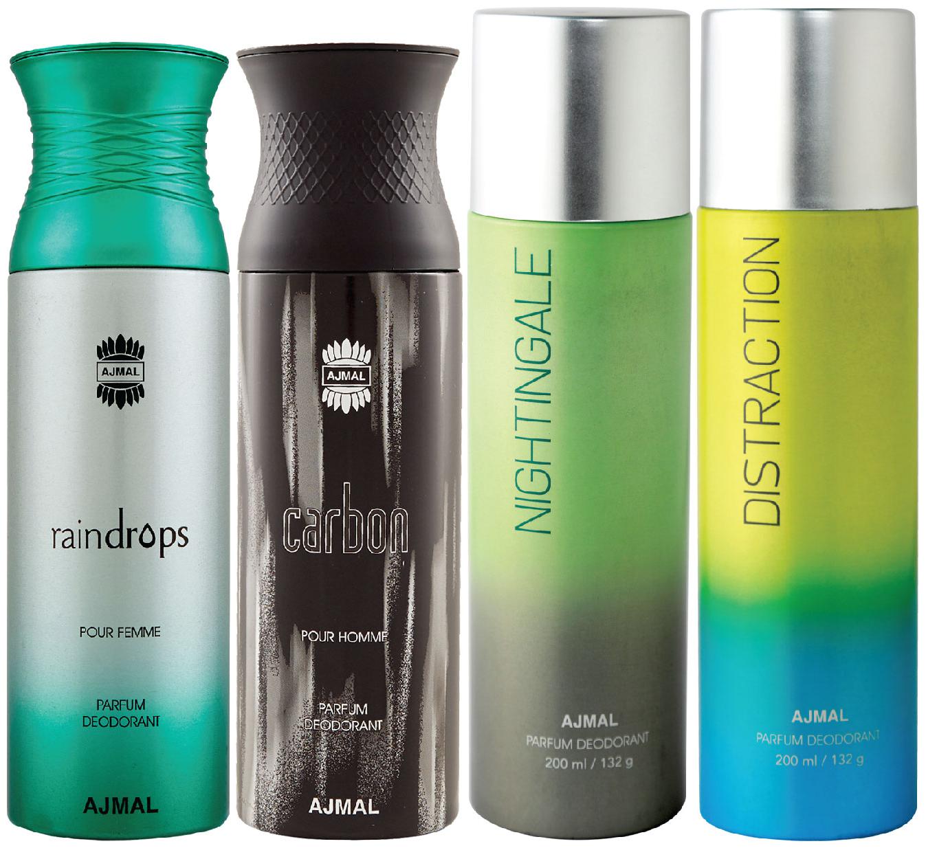 

Ajmal 1 Raindrops Femme for Women 1 Carbon Homme for Men 1 Nightingale and 1 Distraction for Men Women High Quality Deodorants each 200ml Combo Pack of 4