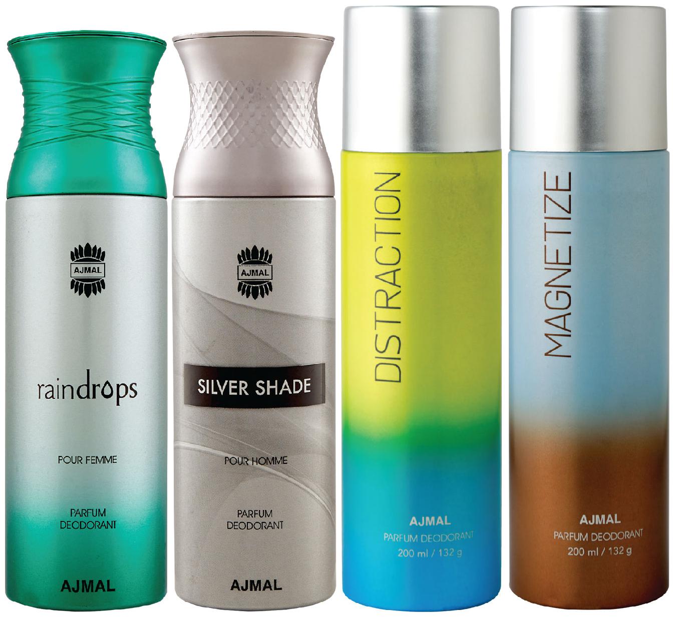 

Ajmal 1 Raindrops Femme for Women 1 Silver Shade Homme for Men 1 Distraction and 1 Magnetize for Men Women High Quality Deodorants each 200ml Combo Pack of 4