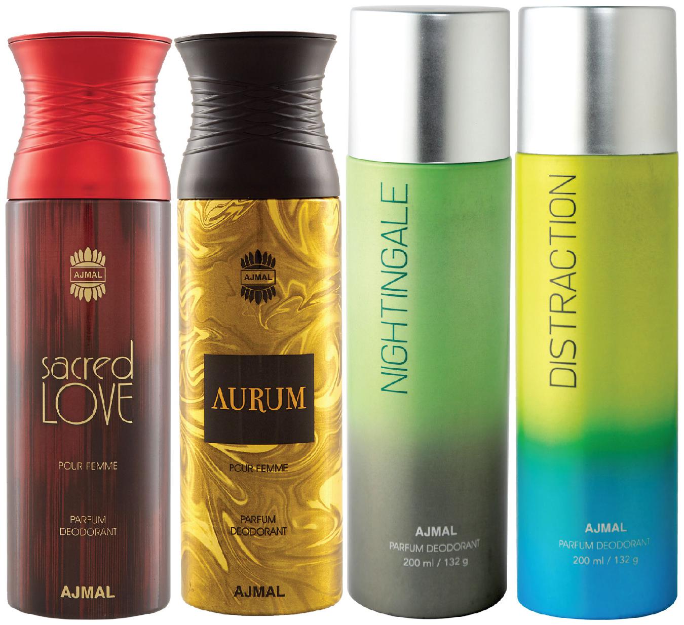 

Ajmal 1 Sacred Love for Women 1 Aurum Femme for Women 1 Nightingale and 1 Distraction for Men Women High Quality Deodorants each 200ml Combo Pack of 4