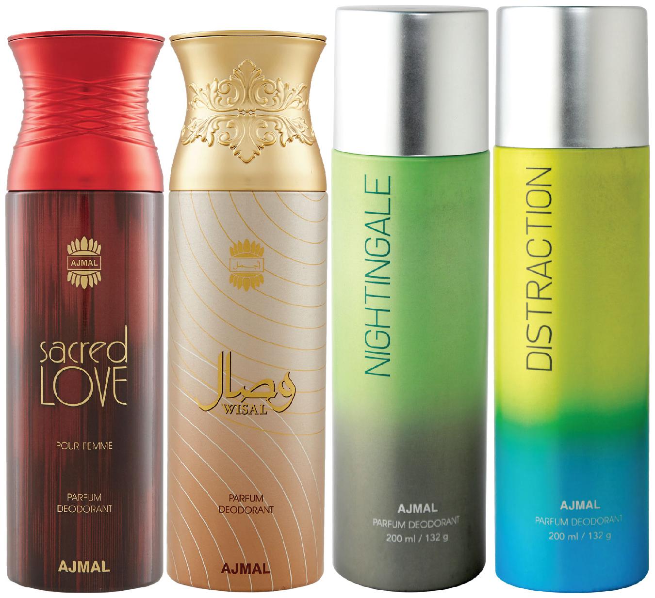 

Ajmal 1 Sacred Love for Women 1 Wisal for Women 1 Nightingale and 1 Distraction for Men Women High Quality Deodorants each 200ml Combo Pack of 4