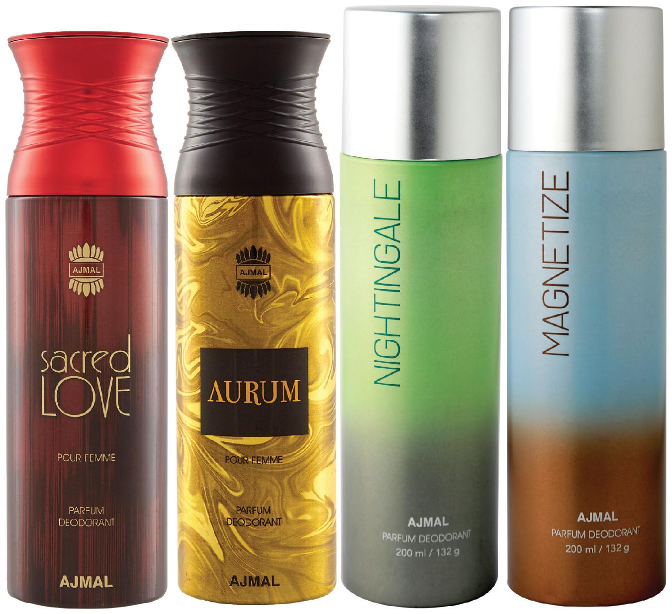 

Ajmal 1 Sacred Love for Women 1 Aurum Femme for Women 1 Nightingale and 1 Magnetize for Men Women High Quality Deodorants each 200ml Combo Pack of 4