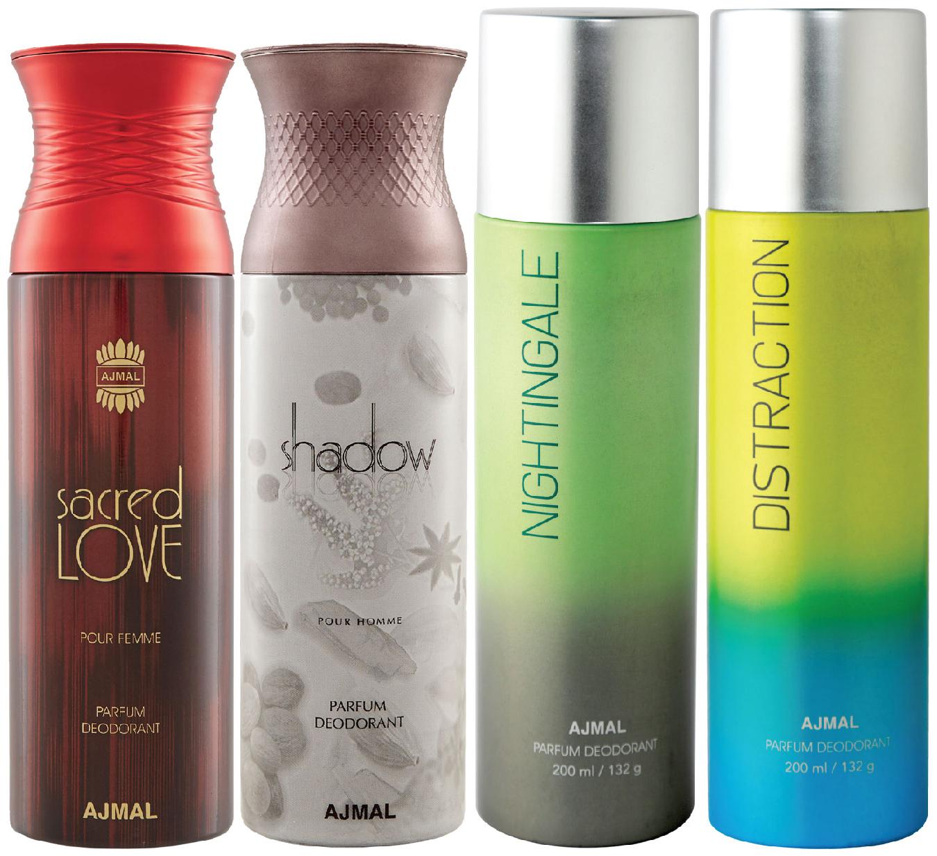 

Ajmal 1 Sacred Love for Women 1 Shadow Homme for Men 1 Nightingale and 1 Distraction for Men Women High Quality Deodorants each 200ml Combo Pack of 4