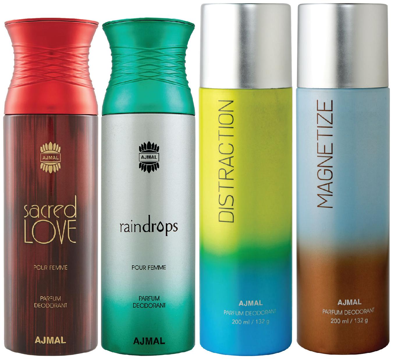 

Ajmal 1 Sacred Love for Women 1 Raindrops Femme for Women 1 Distraction and 1 Magnetize for Men Women High Quality Deodorants each 200ml Combo Pack of 4