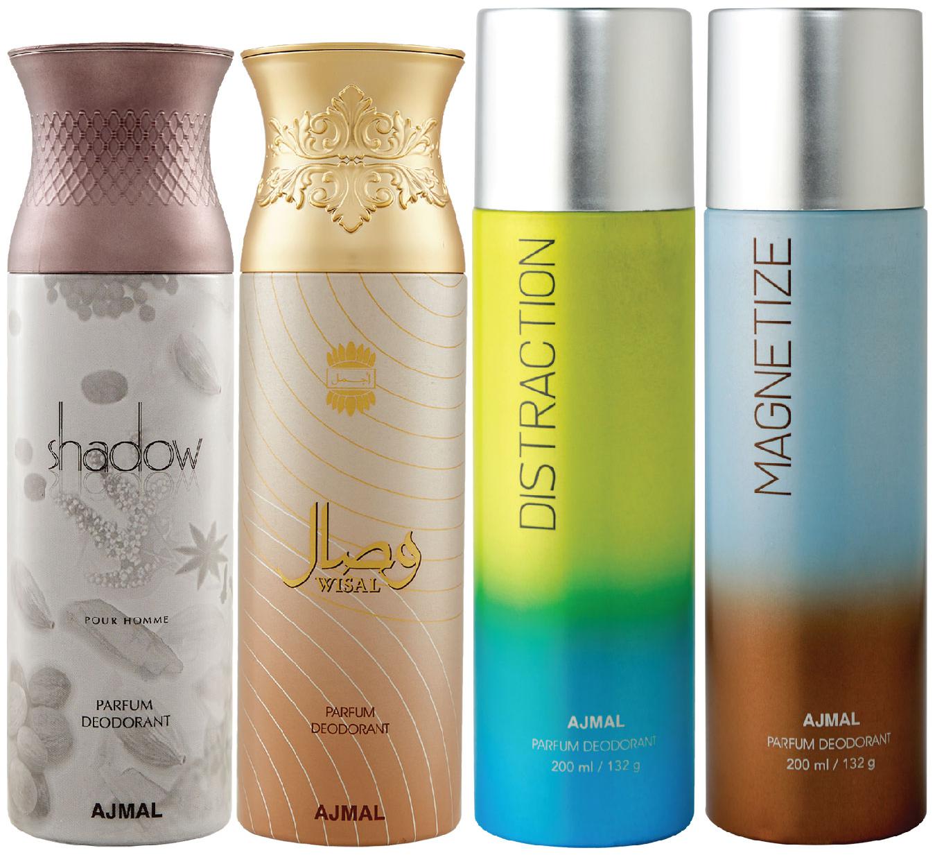 

Ajmal 1 Shadow Homme for Men 1 Wisal for Women 1 Distraction and 1 Magnetize for Men Women High Quality Deodorants each 200ml Combo Pack of 4