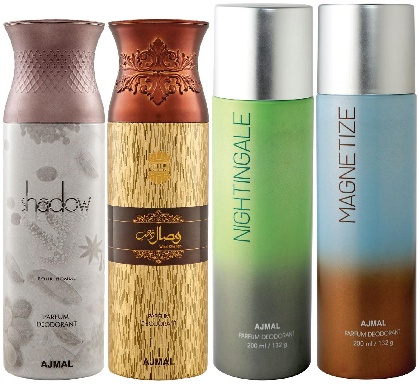 

Ajmal 1 Shadow Homme for Men 1 Wisal Dhahab for Men 1 Nightingale and 1 Magnetize for Men Women High Quality Deodorants each 200ml Combo Pack of 4