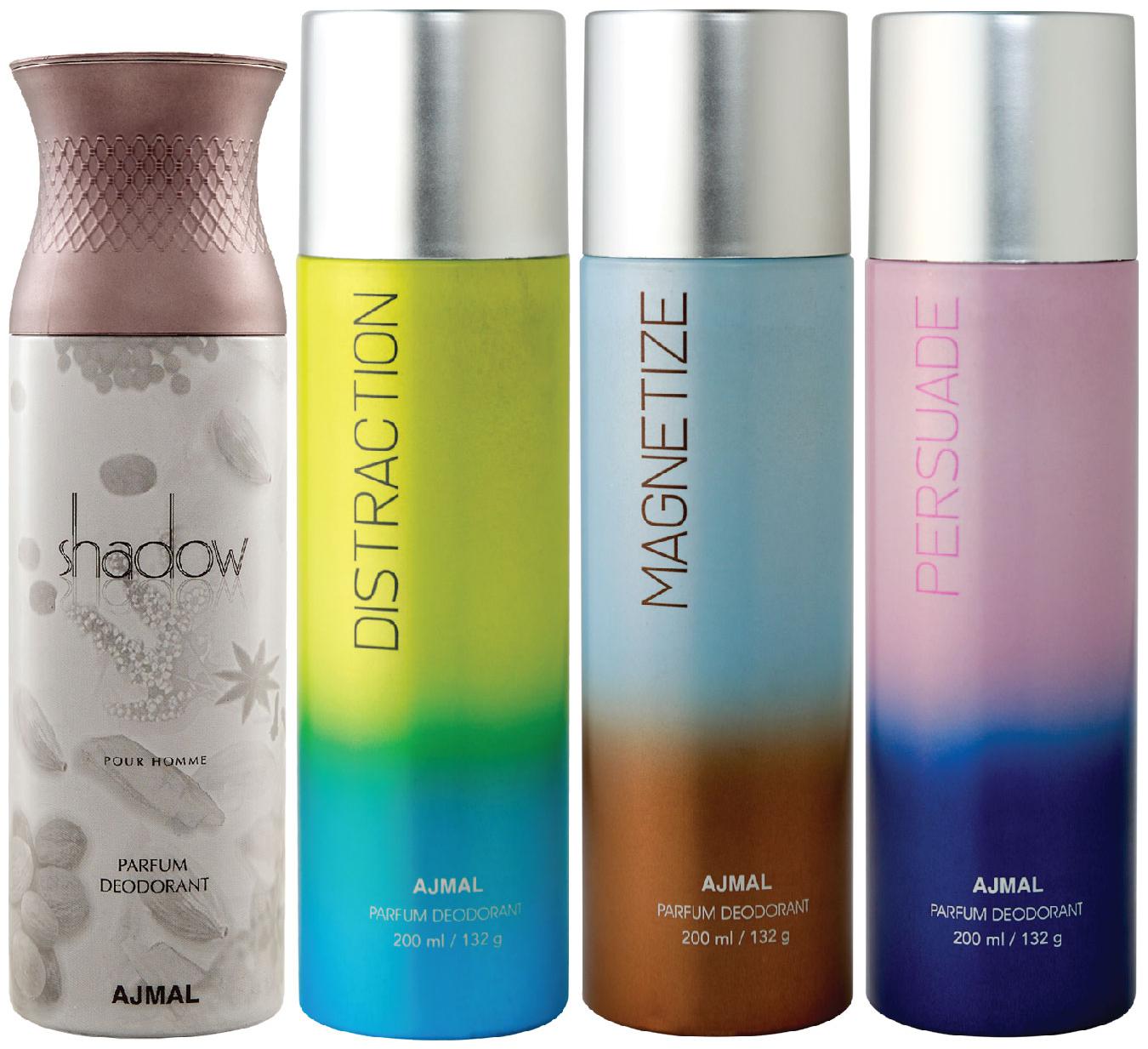 

Ajmal 1 Shadow Him for Men 1 Distraction 1 Magnetize and 1 Persuade for Men Women High Quality Deodorants each 200ml Combo ( Pack of 4 )