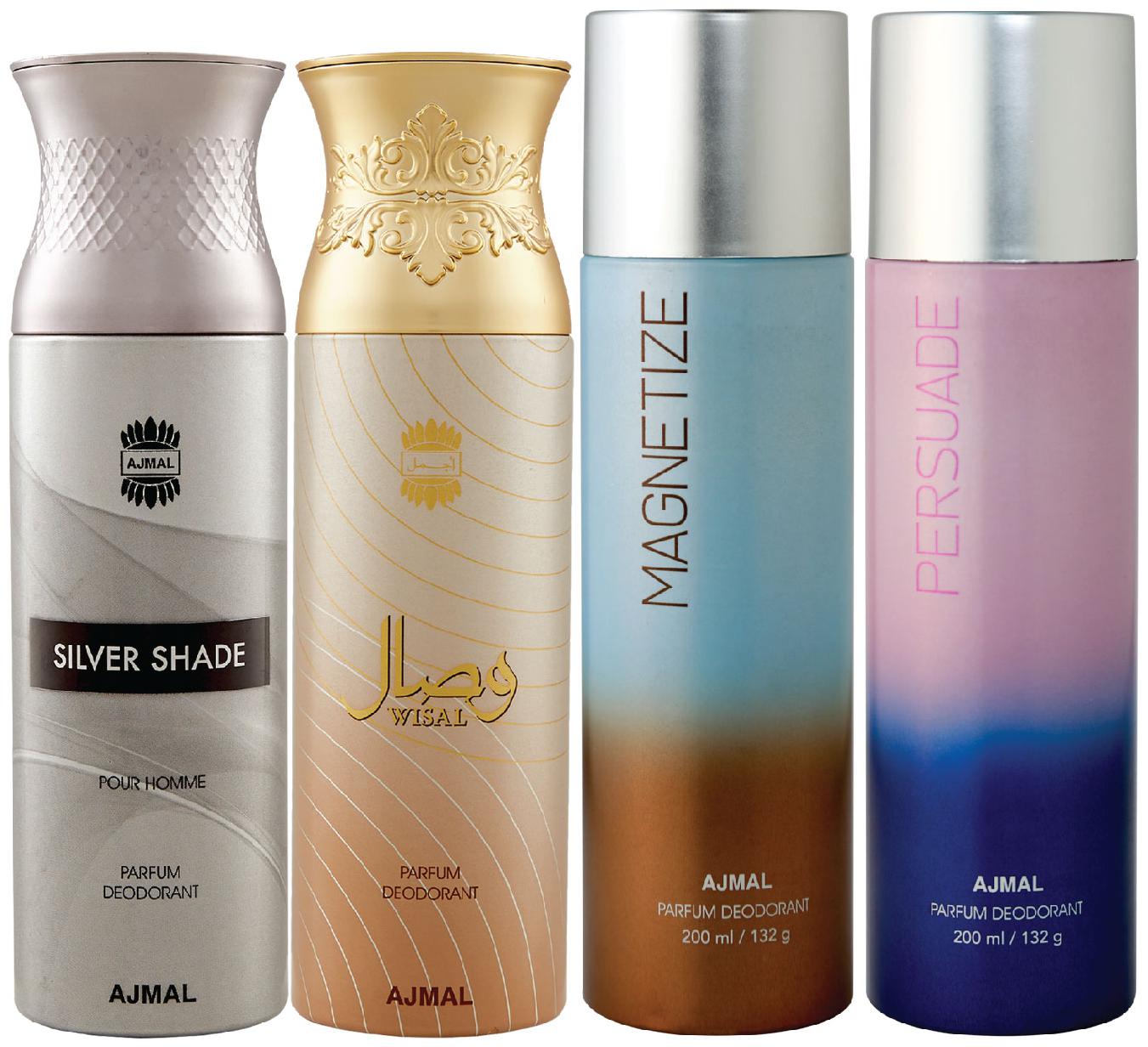

Ajmal 1 Silver Shade Homme for Men 1 Wisal for Women 1 Magnetize and 1 Persuade for Men Women High Quality Deodorants each 200ml Combo Pack of 4
