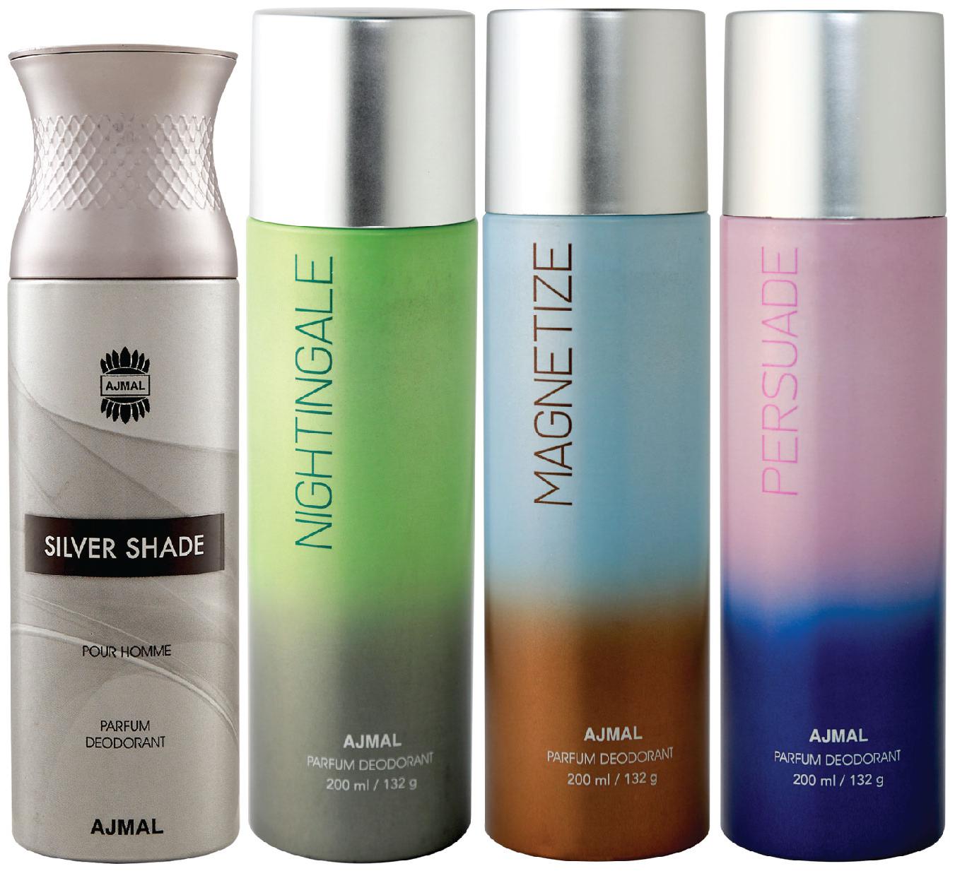 

Ajmal 1 Silver Shade for Men 1 Nightingale 1 Magnetize and 1 Persuade for Men Women High Quality Deodorants each 200ml Combo ( Pack of 4 )