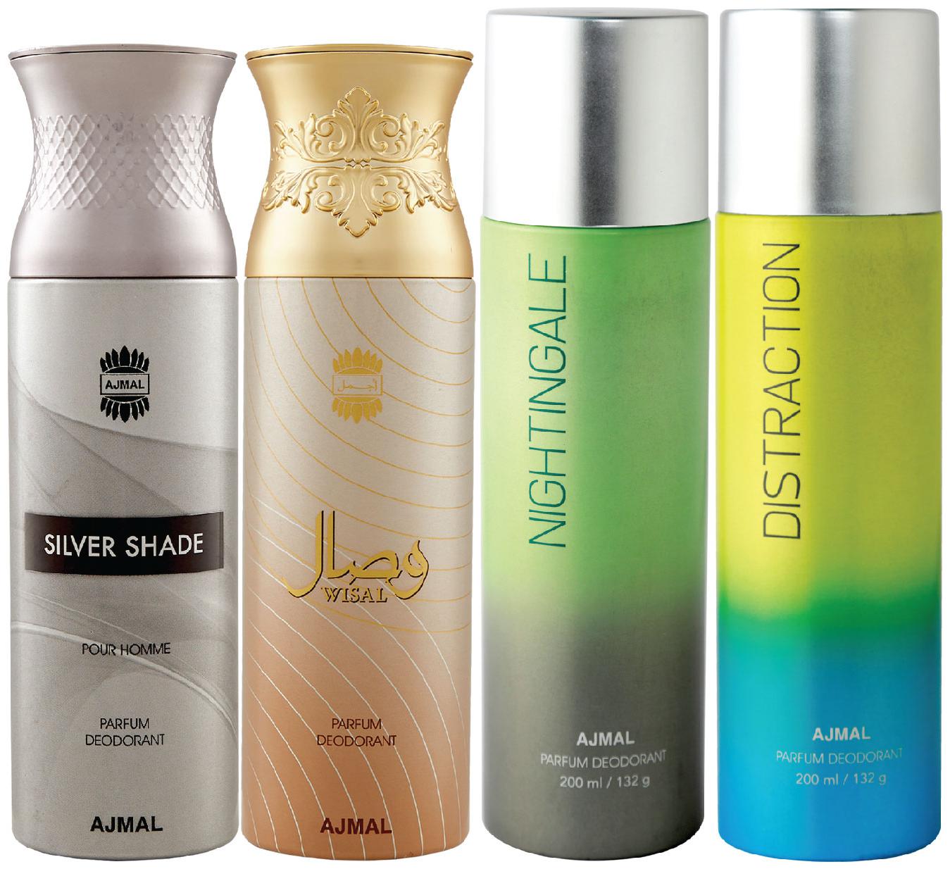 

Ajmal 1 Silver Shade Homme for Men 1 Wisal for Women 1 Nightingale and 1 Distraction for Men Women High Quality Deodorants each 200ml Combo Pack of 4
