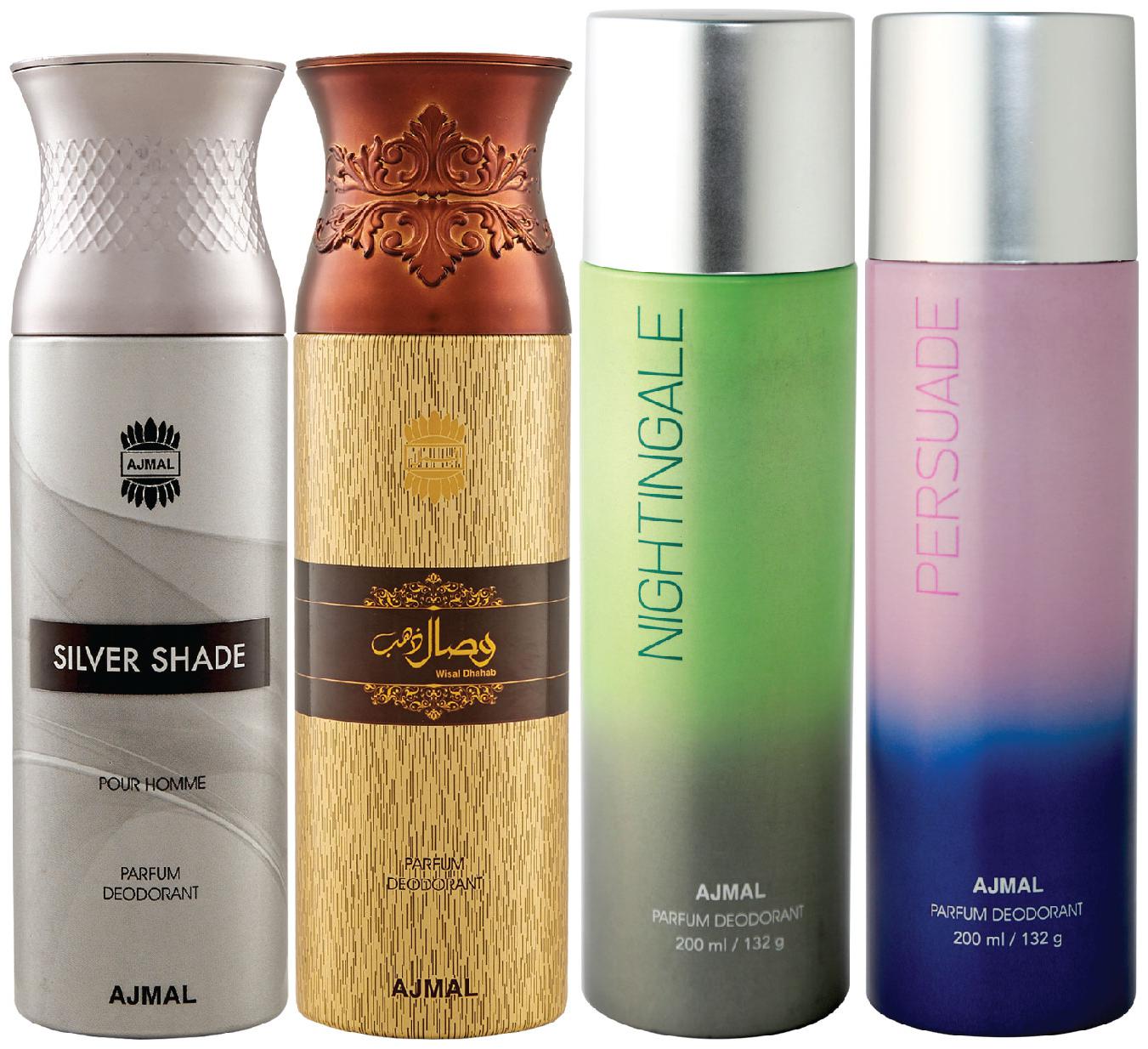 

Ajmal 1 Silver Shade Homme for Men 1 Wisal Dhahab for Men 1 Nightingale and 1 Persuade for Men Women High Quality Deodorants each 200ml Combo Pack of 4