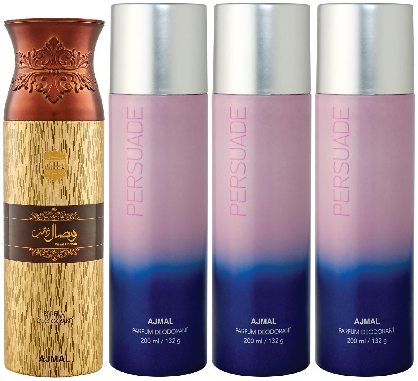 

Ajmal 1 Wisal Dhahab for Men and 3 Persuade for Men Women High Quality Deodorants each 200ml Combo ( Pack of 4 )