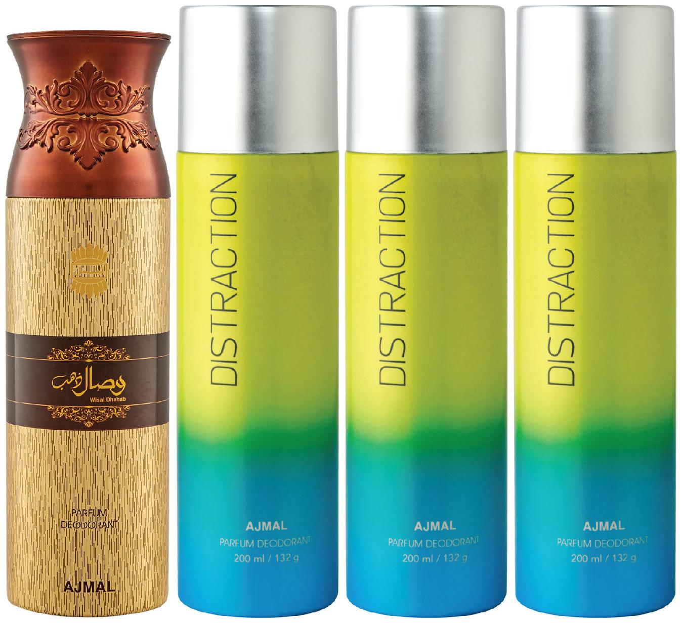 

Ajmal 1 Wisal Dhahab for Men and 3 Distraction for Men Women High Quality Deodorants each 200ml Combo ( Pack of 4 )