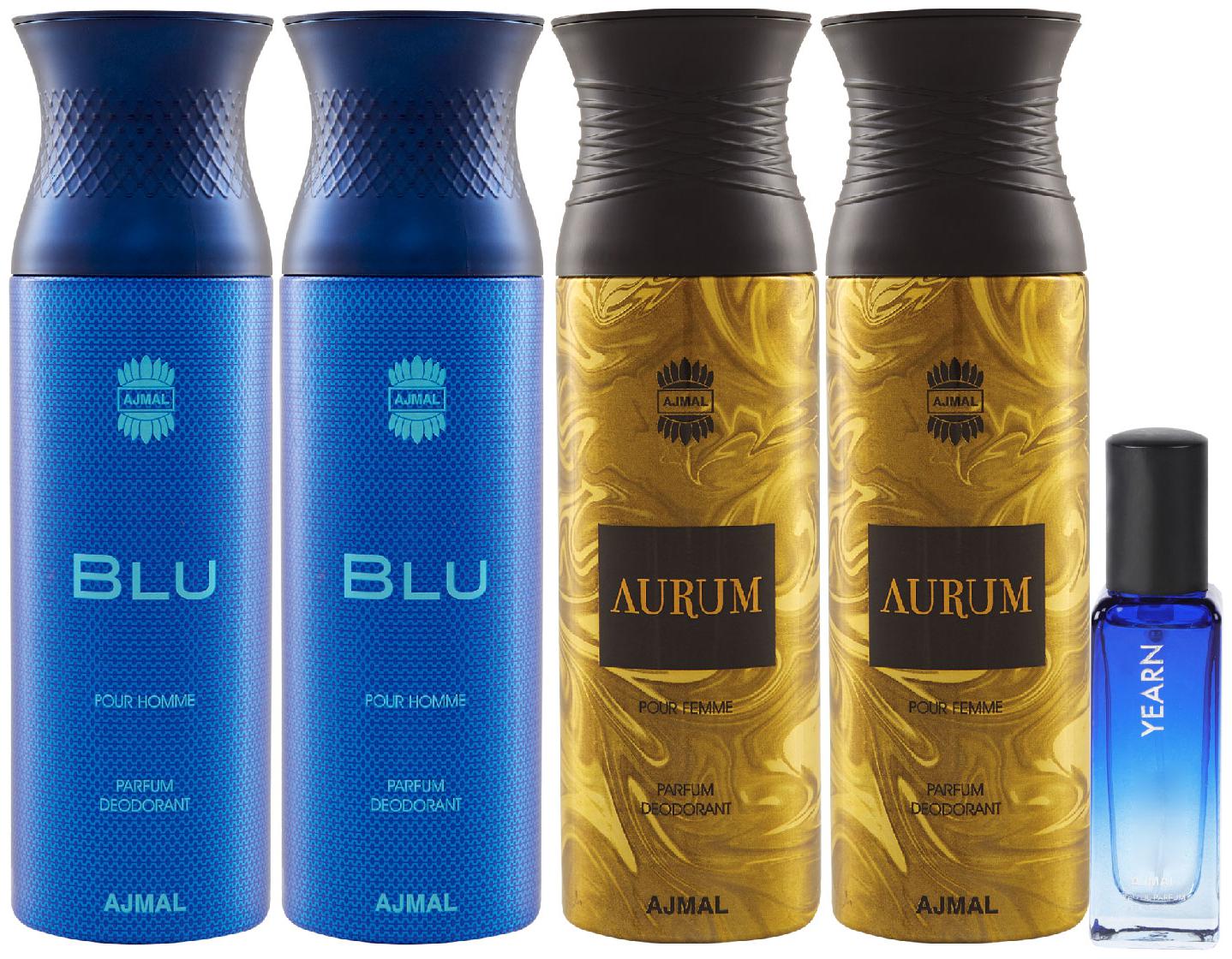 

Ajmal 2 Blu 2 Aurum Deo each 200 ml Yearn EDP 20 ml Pack of 5 for Men Women