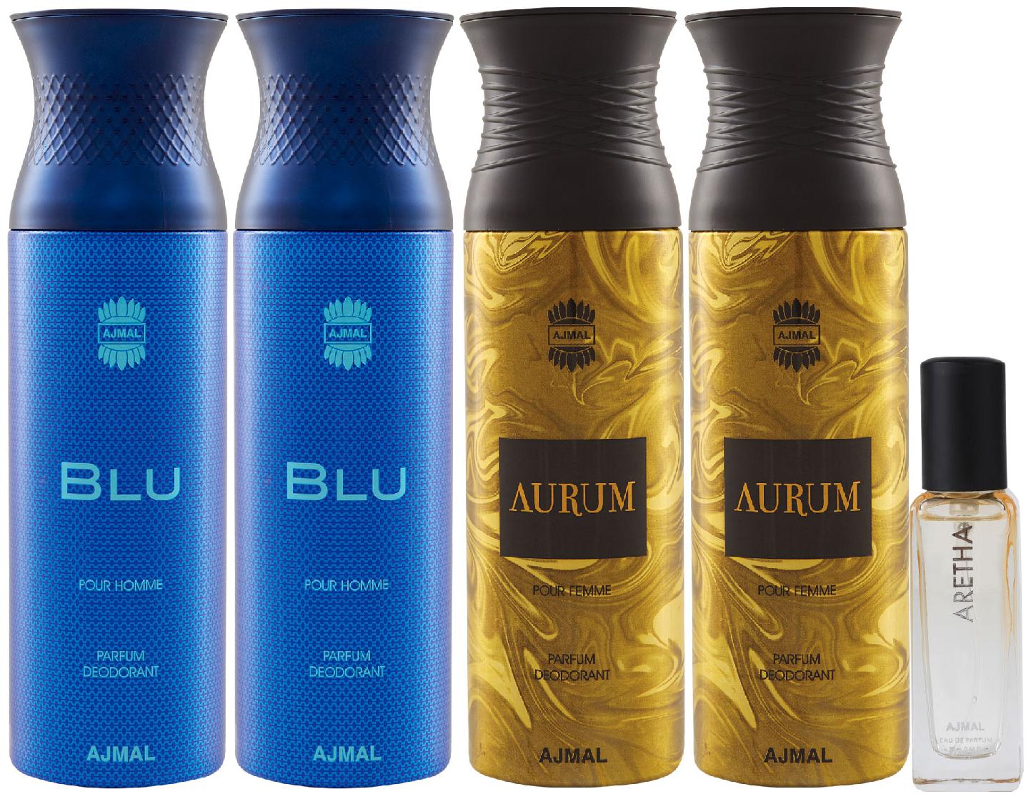 

Ajmal 2 Blu 2 Aurum Deo each 200 ml Aretha EDP 20 ml Pack of 5 for Men Women