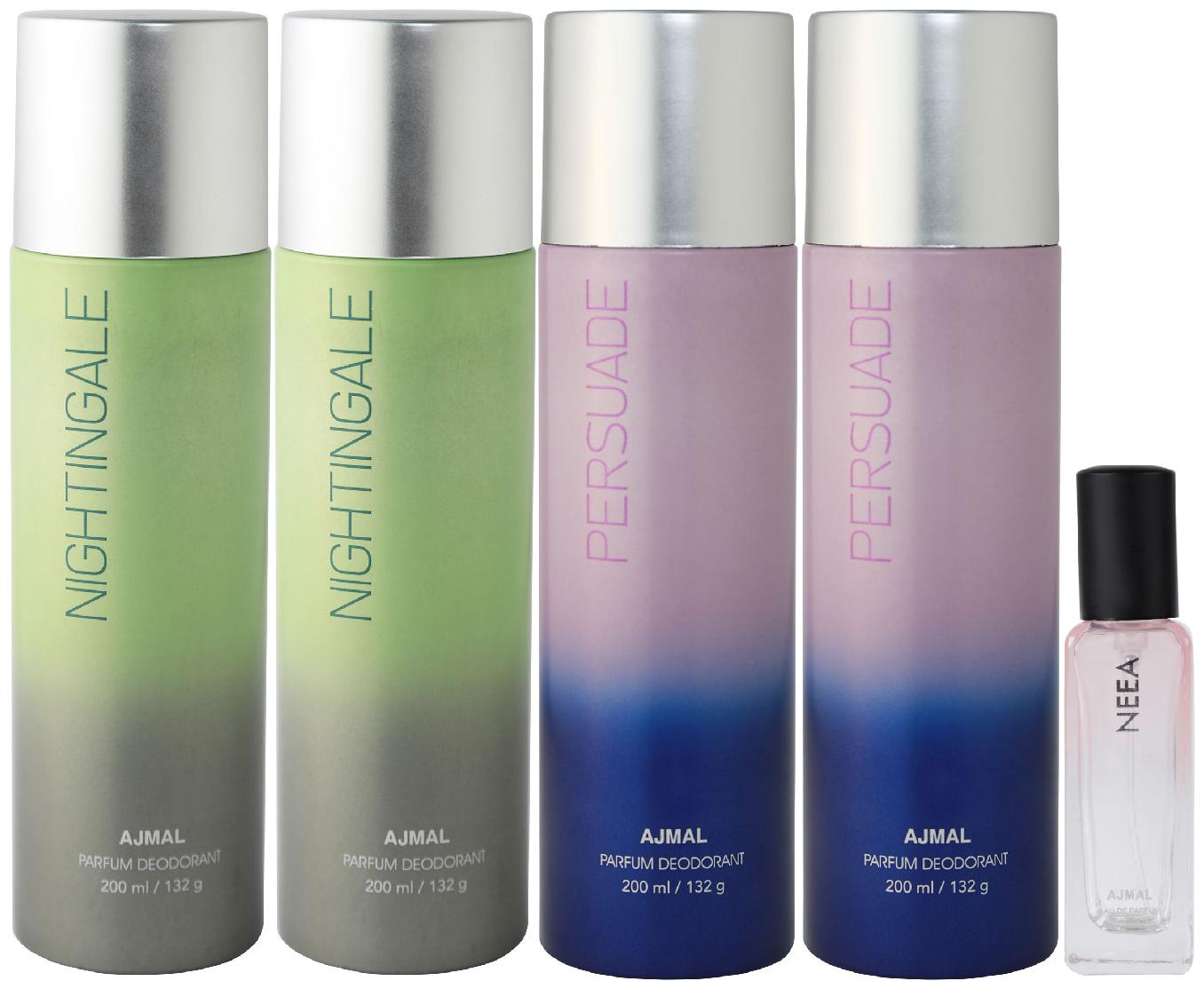 

Ajmal 2 Distraction 2 Persuade Deo each 200 ml Neea EDP 20 ml Pack of 5 for Men Women