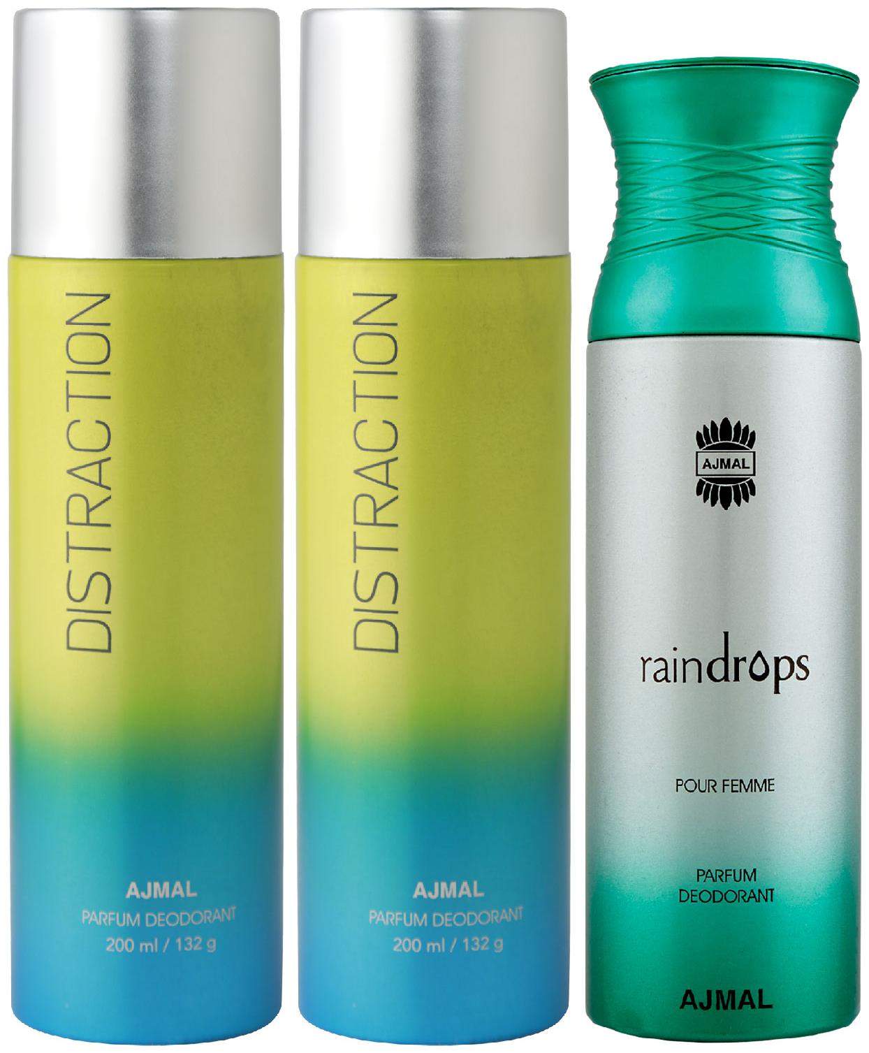 

Ajmal 2 Distraction for Men Women and 1 Raindrops Femme for Women High Quality Deodorants 200 ml Each ( Pack of 3 )