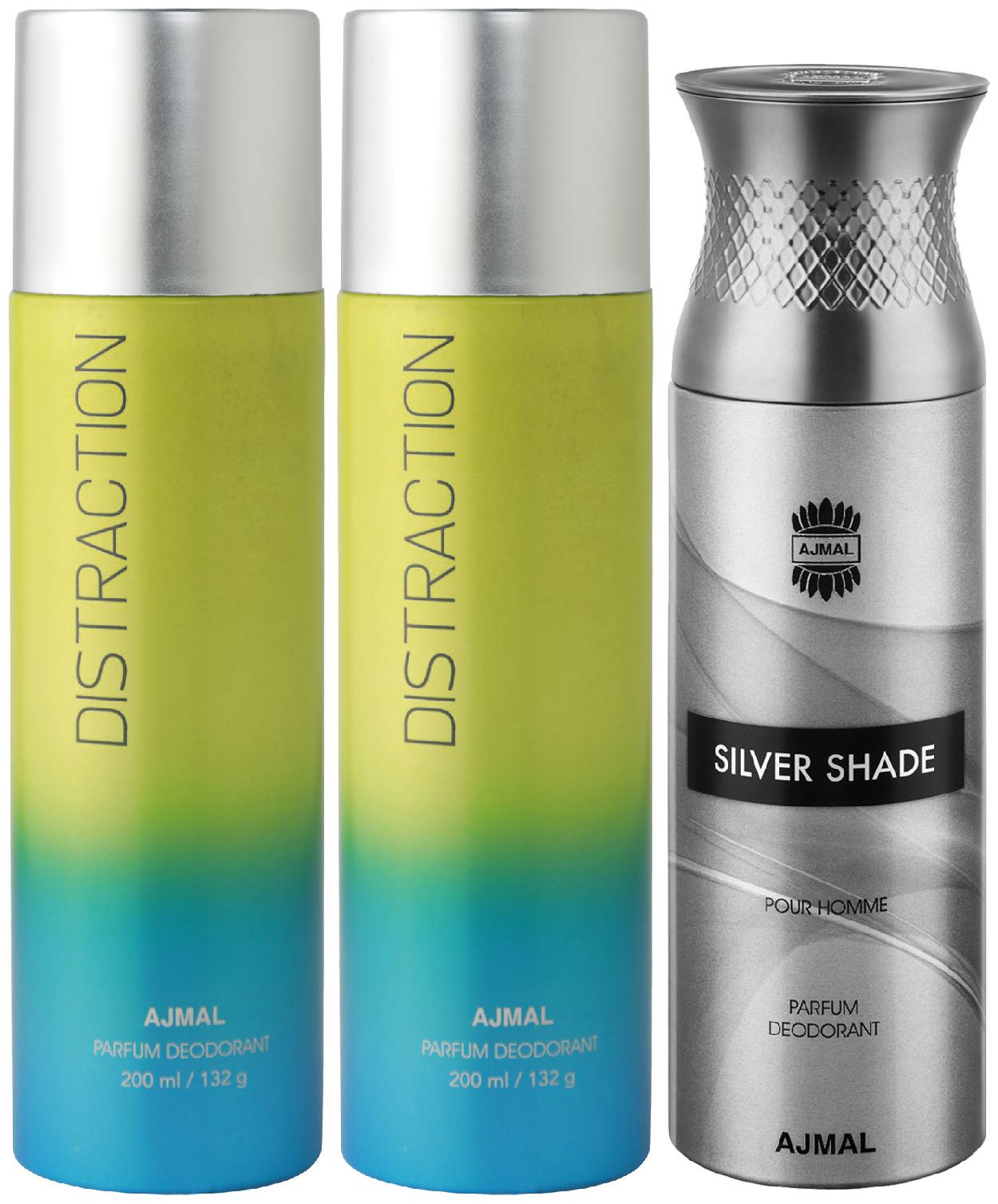 

Ajmal 2 Distraction for Men Women and 1 Silver Shade for Men High Quality Deodorants 200 ml Each ( Pack of 3 )
