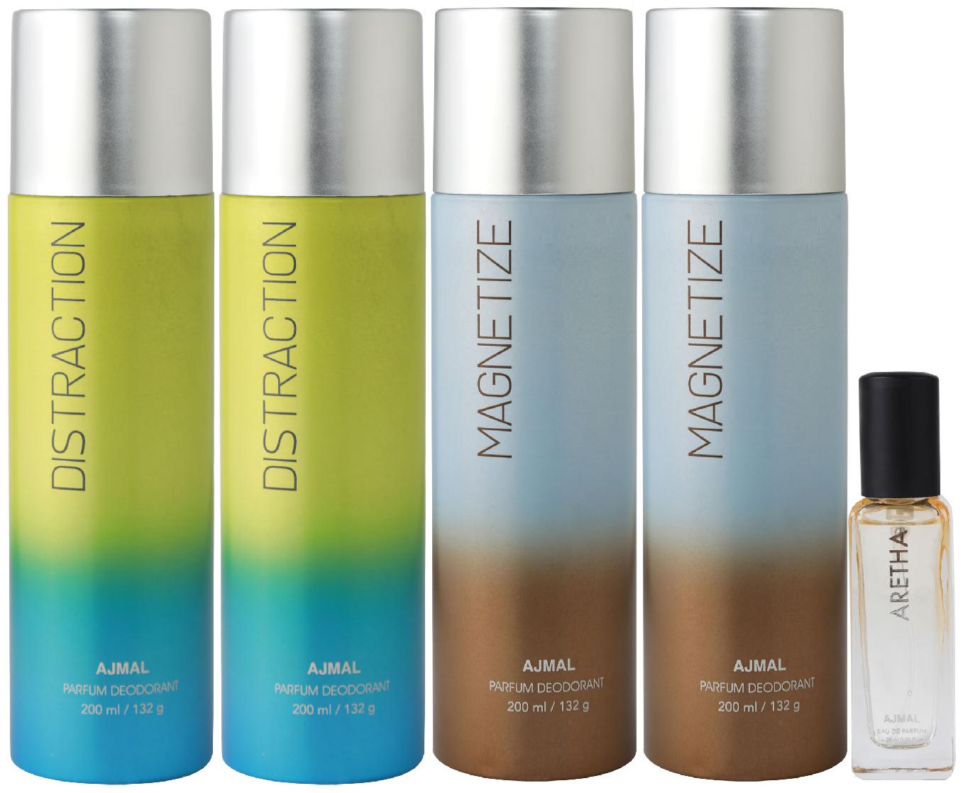 

Ajmal 2 Distraction 2 Magnetize Deo each 200 ml Aretha EDP 20 ml Pack of 5 for Men Women