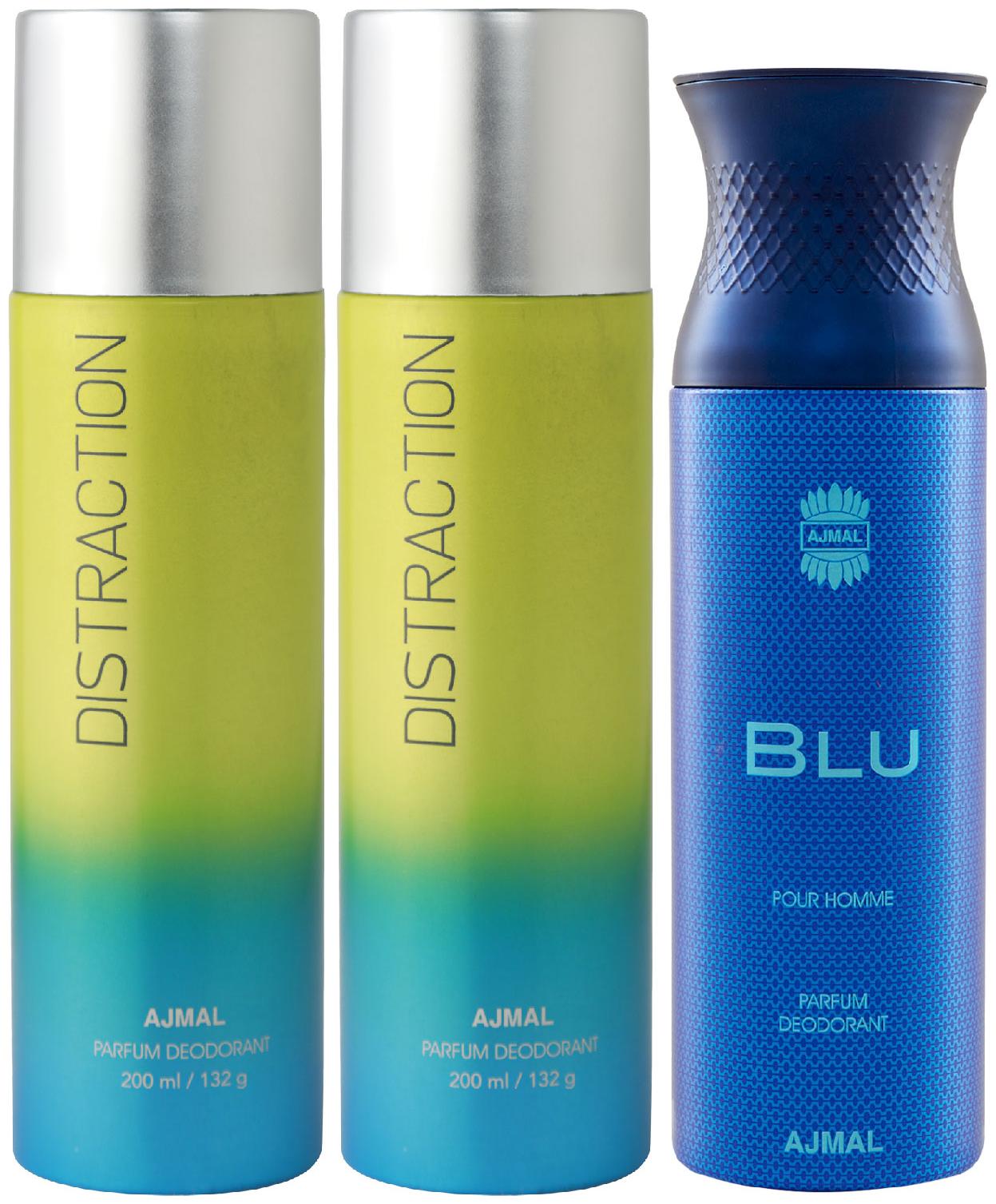 

Ajmal 2 Distraction for Men Women and 1 Blu Homme for Men High Quality Deodorants 200 ml Each ( Pack of 3 )