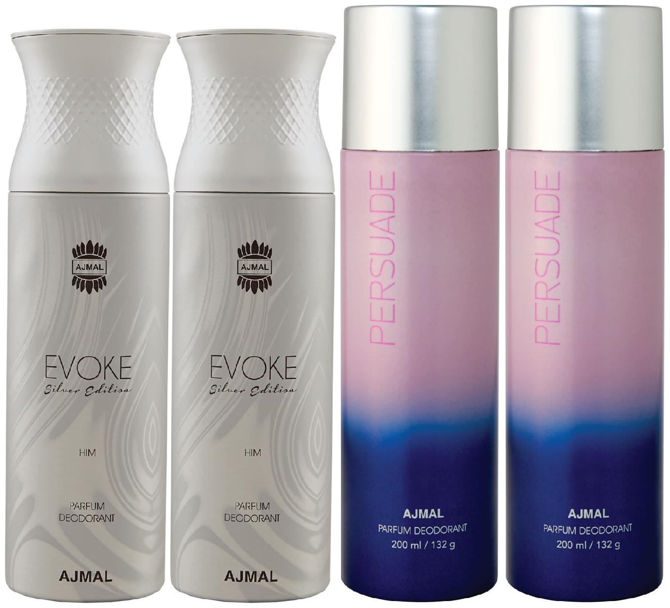 

Ajmal 2 Evoke Silver Edition for Him for Men and 2 Persuade for Men Women High Quality Deodorants each 200ml Combo ( Pack of 4 )