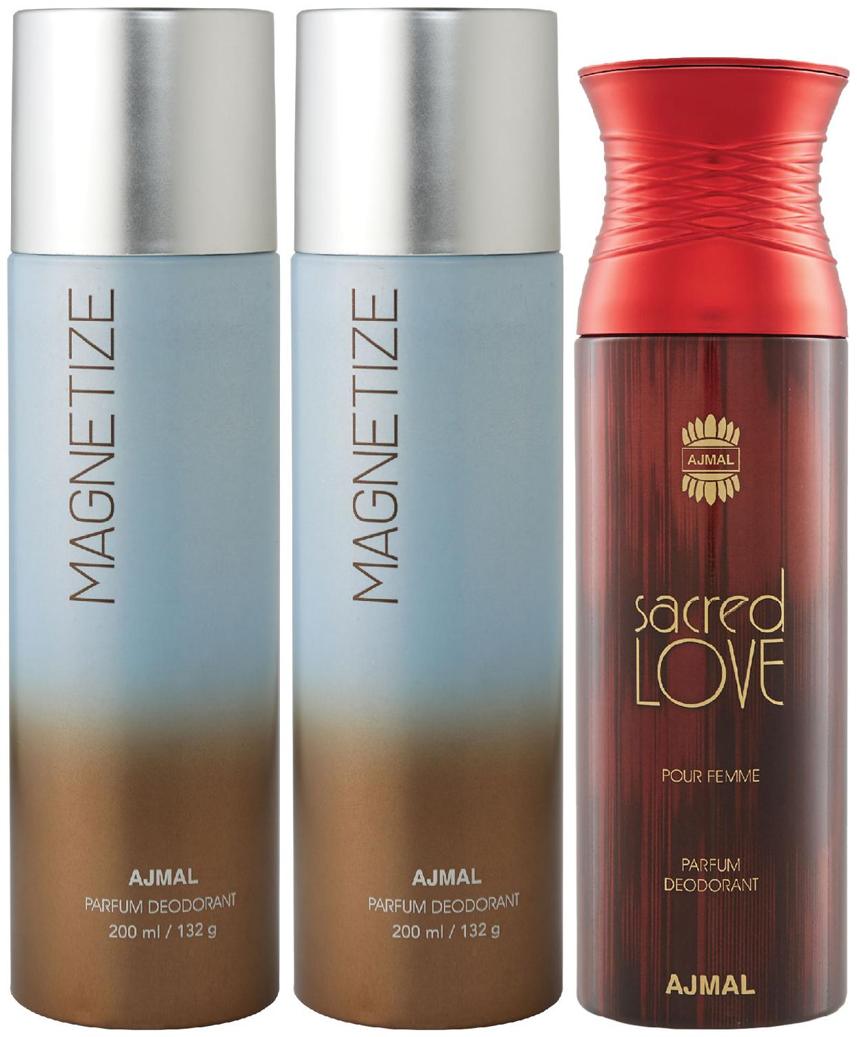 

Ajmal 2 Magnetize for Men Women and 1 Sacred Love for Women High Quality Deodorants 200 ml Each ( Pack of 3 )