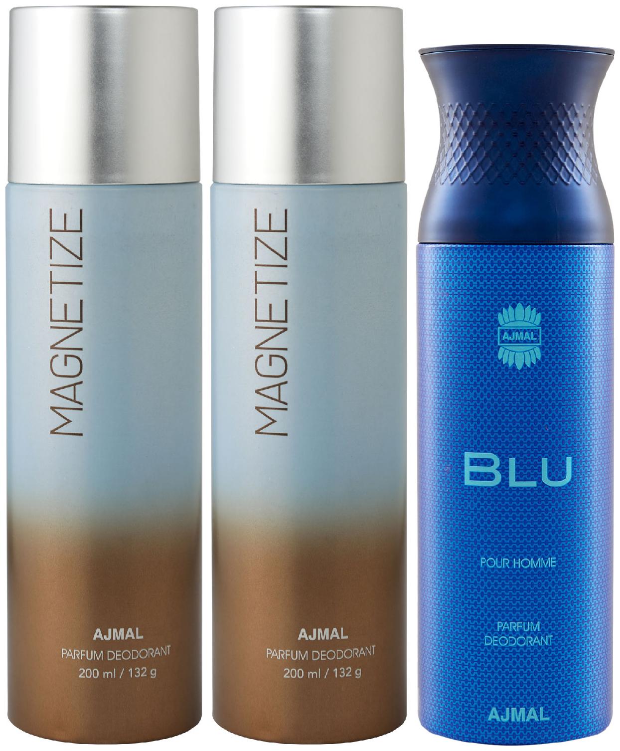 

Ajmal 2 Magnetize for Men Women and 1 Blu Homme for Men High Quality Deodorants 200 ml Each ( Pack of 3 )