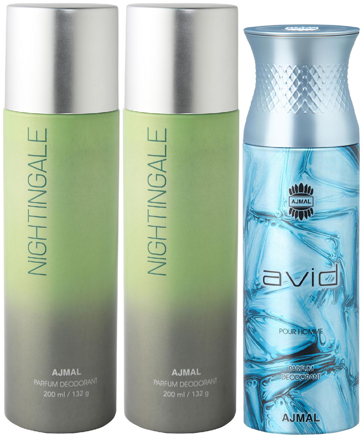 

Ajmal 2 Nightingale for Men Women and 1 Avid for Men High Quality Deodorants 200 ml Each ( Pack of 3 )