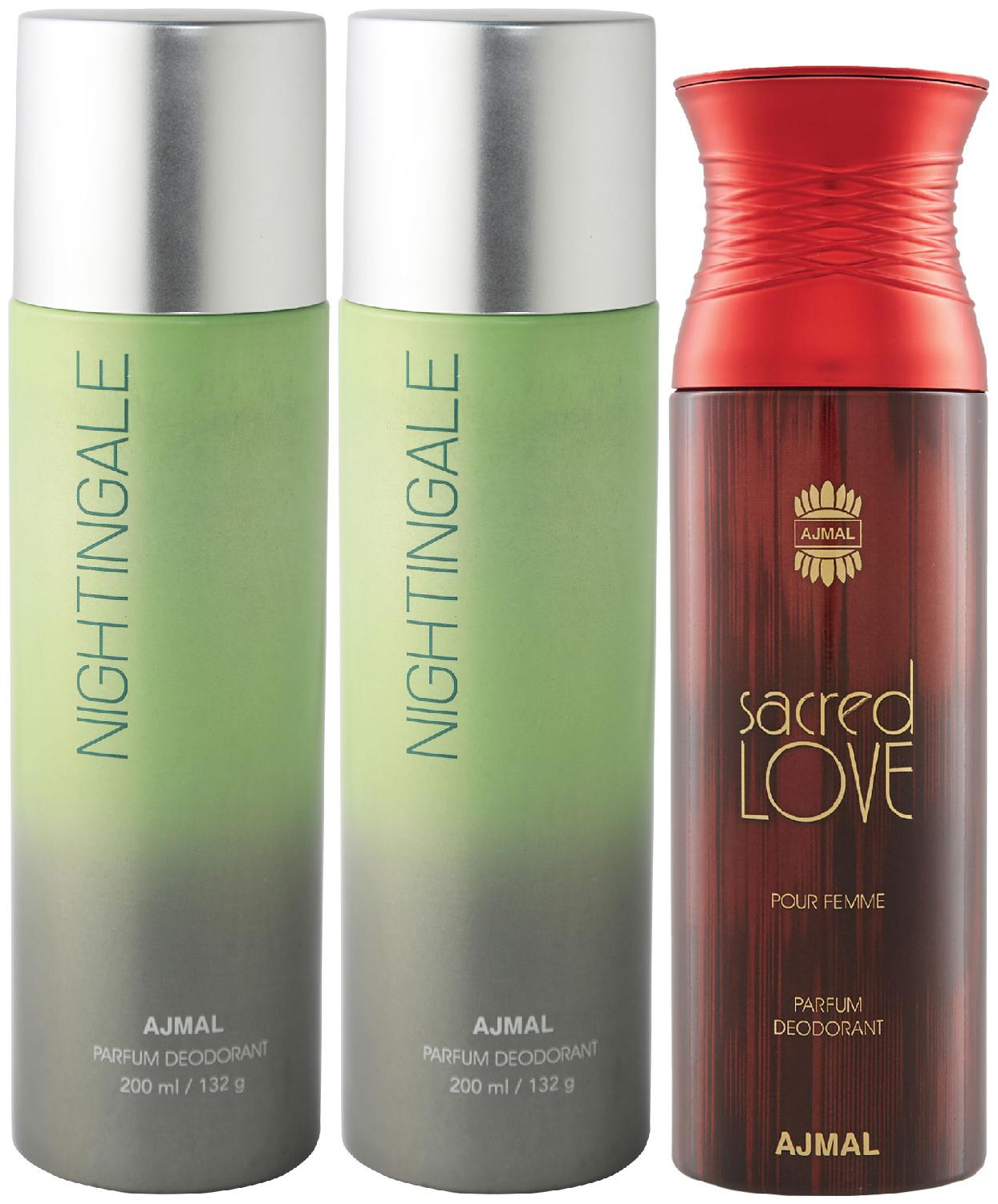 

Ajmal 2 Nightingale for Men Women and 1 Sacred Love for Women High Quality Deodorants 200 ml Each ( Pack of 3 )