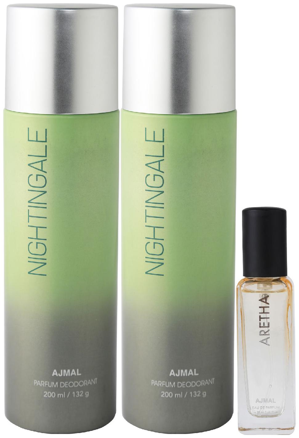 

Ajmal 2 Nightingale Deo each 200 ml Aretha EDP 20 ml Pack of 3 for Men Women