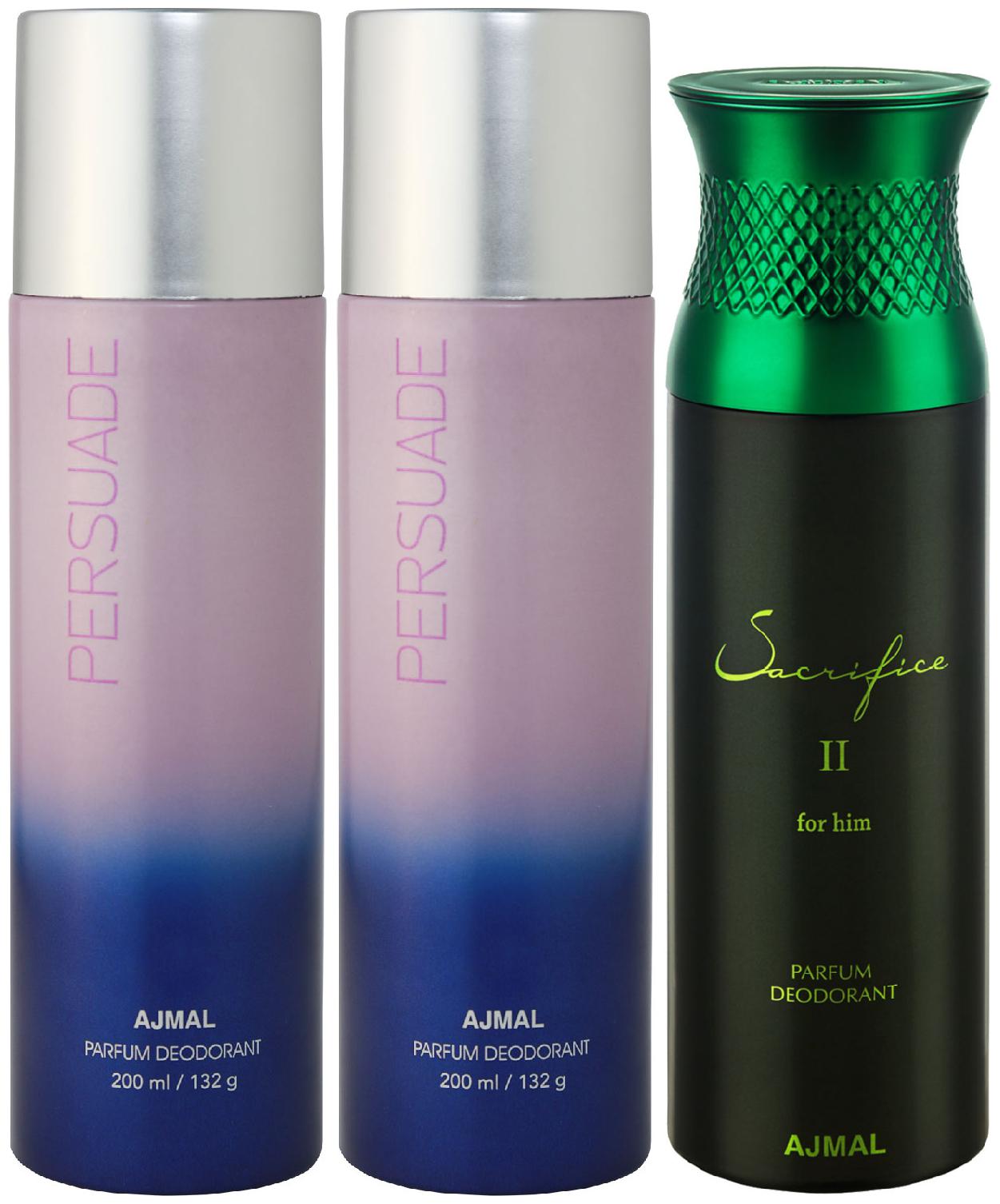 

Ajmal 2 Persuade for Men Women and 1 Sacrifice II for Him for Men High Quality Deodorants 200 ml Each ( Pack of 3 )