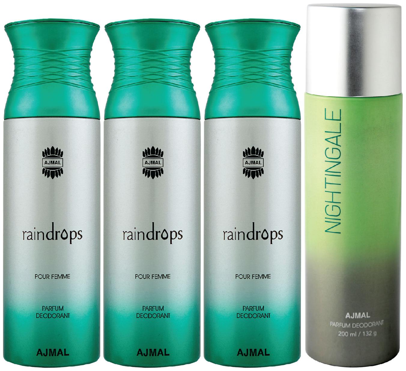

Ajmal 3 Raindrops Femme for Women and 1 Nightingale for Men Women High Quality Deodorants each 200ml Combo ( Pack of 4 )