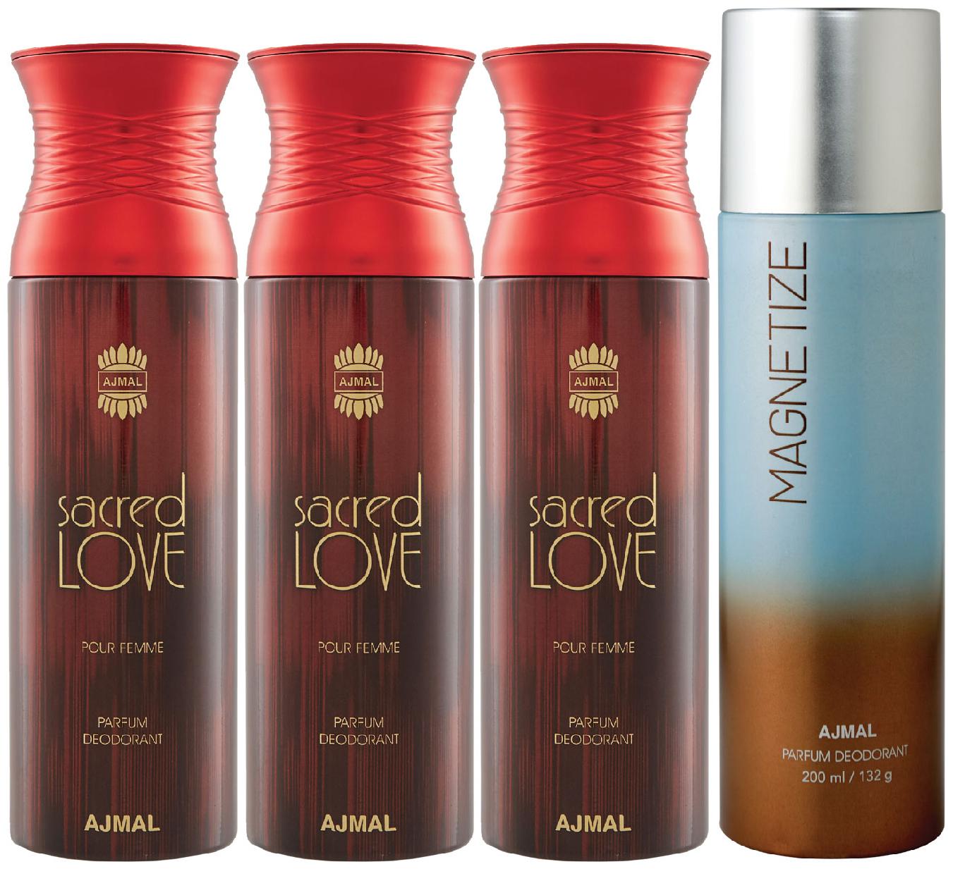 

Ajmal 3 Sacred Love for Women and 1 Magnetize for Men Women High Quality Deodorants each 200ml Combo ( Pack of 4 )
