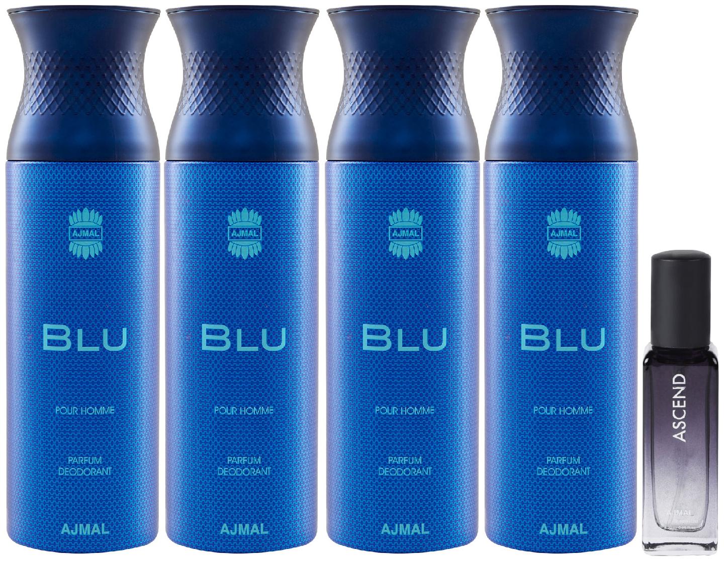 

Ajmal 4 Blu Deo each 200 ml Ascend EDP 20 ml Pack of 5 for Men Women