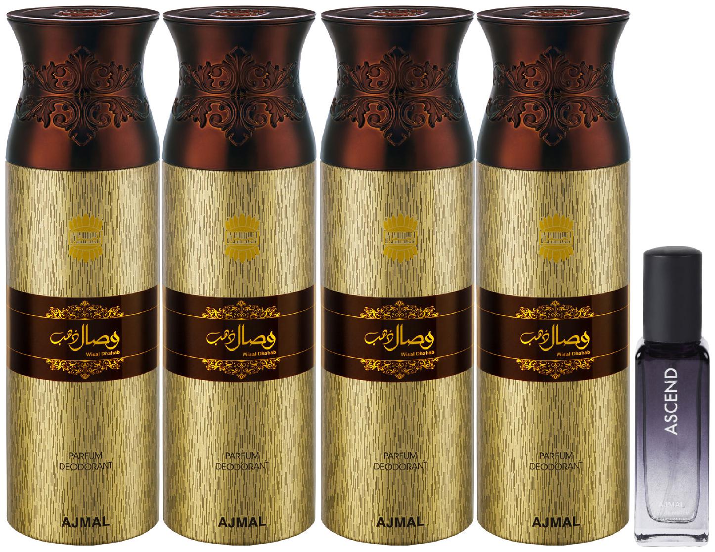 

Ajmal 4 Wisal Dhahab Deo each 200 ml Ascend EDP 20 ml Pack of 5 for Men Women