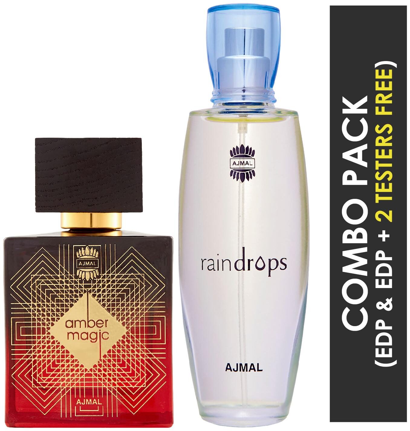 

Ajmal Amber Magic EDP Spicy Aromatic Perfume 100ml for Men and Ajmal Raindrops EDP Floral Chypre Perfume 50ml for Women