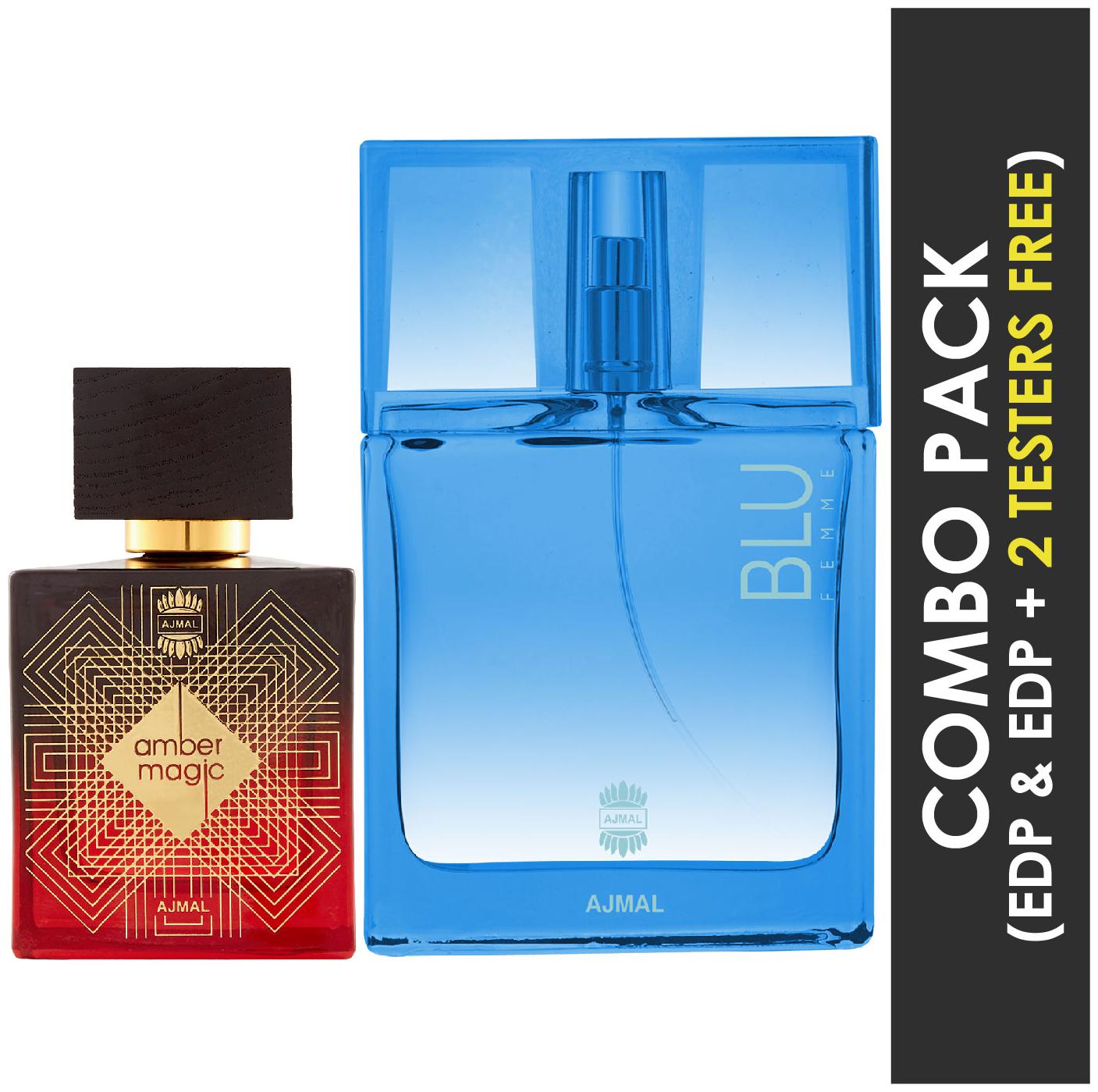 

Ajmal Amber Magic EDP Spicy Aromatic Perfume 100ml for Men and Blu Femme EDP Floral Woody Perfume 50ml for Women