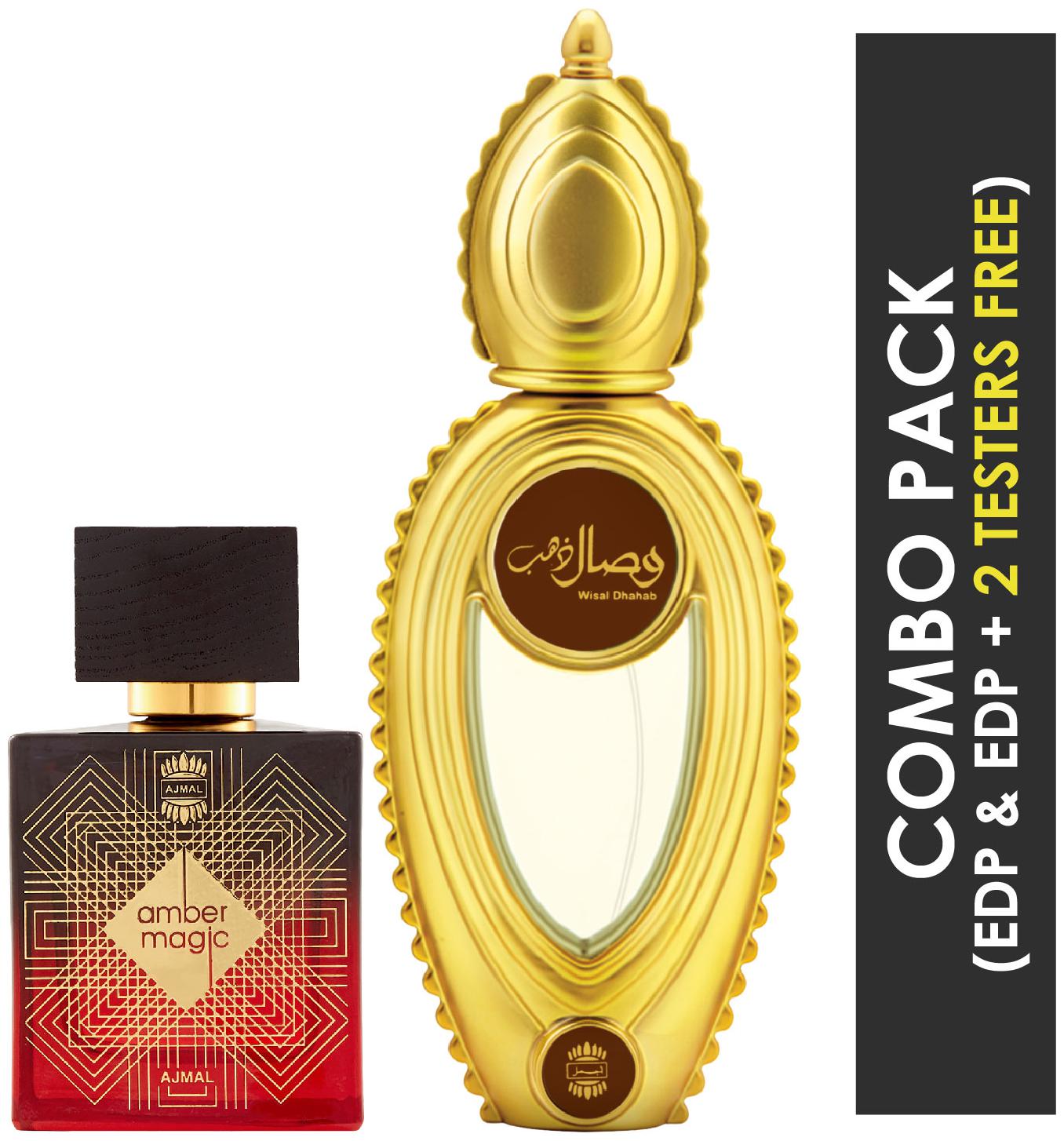 

Ajmal Amber Magic EDP Spicy Aromatic Perfume 100ml for Men and Ajmal Wisal Dhahab EDP Fruity Floral Perfume 50ml for Men (Pack of 2)